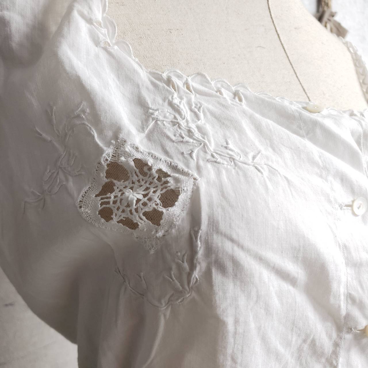 Euro Vintage(ヨーロッパヴィンテージ) Stem_フレンチノースリーブブラウス 表記なし(Mサイズ程度) ホワイト