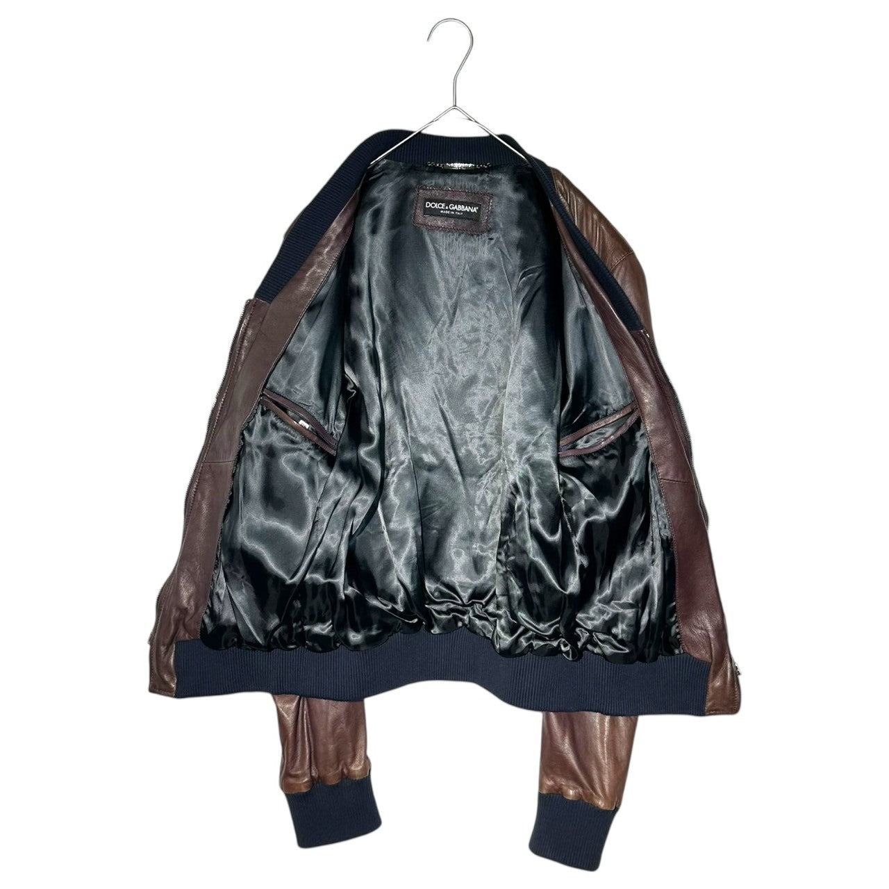DOLCE&GABBANA(ドルチェ&ガッバーナドルガバ) Black Sheepskin Rib Blouson ブラック シープスキン リブ ブルゾン G9N12L/FULS8 46(S) ブラウン×ネイビー