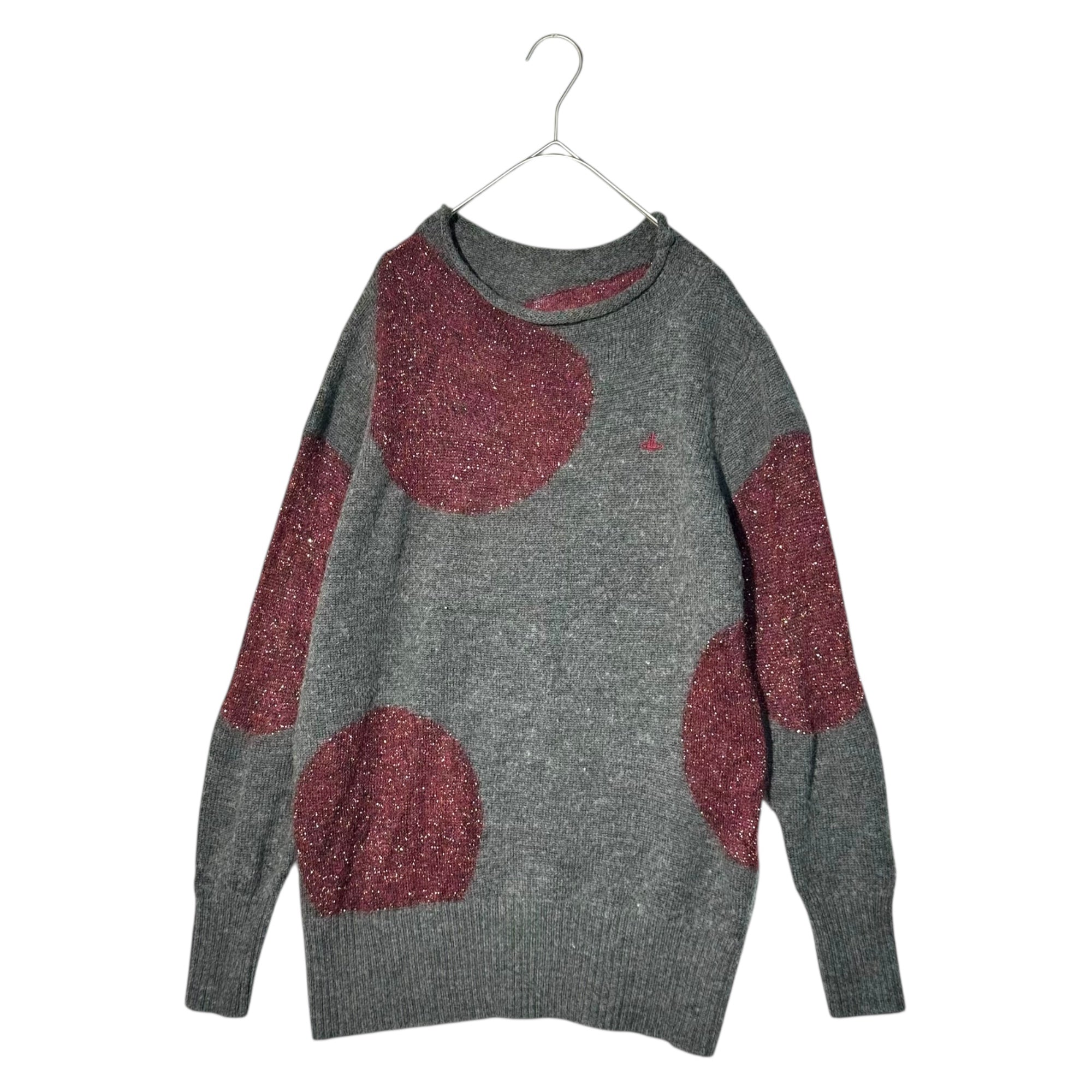 Vivienne Westwood RED LABEL(ヴィヴィアンウエストウッドレッドレーベル) Chest One-point Embroidery Large Dot Long Sleeve Knit 胸 ワンポイント 刺繍 大判ドット 長袖 ニット 16-03-152012 M グレー×ボルドー