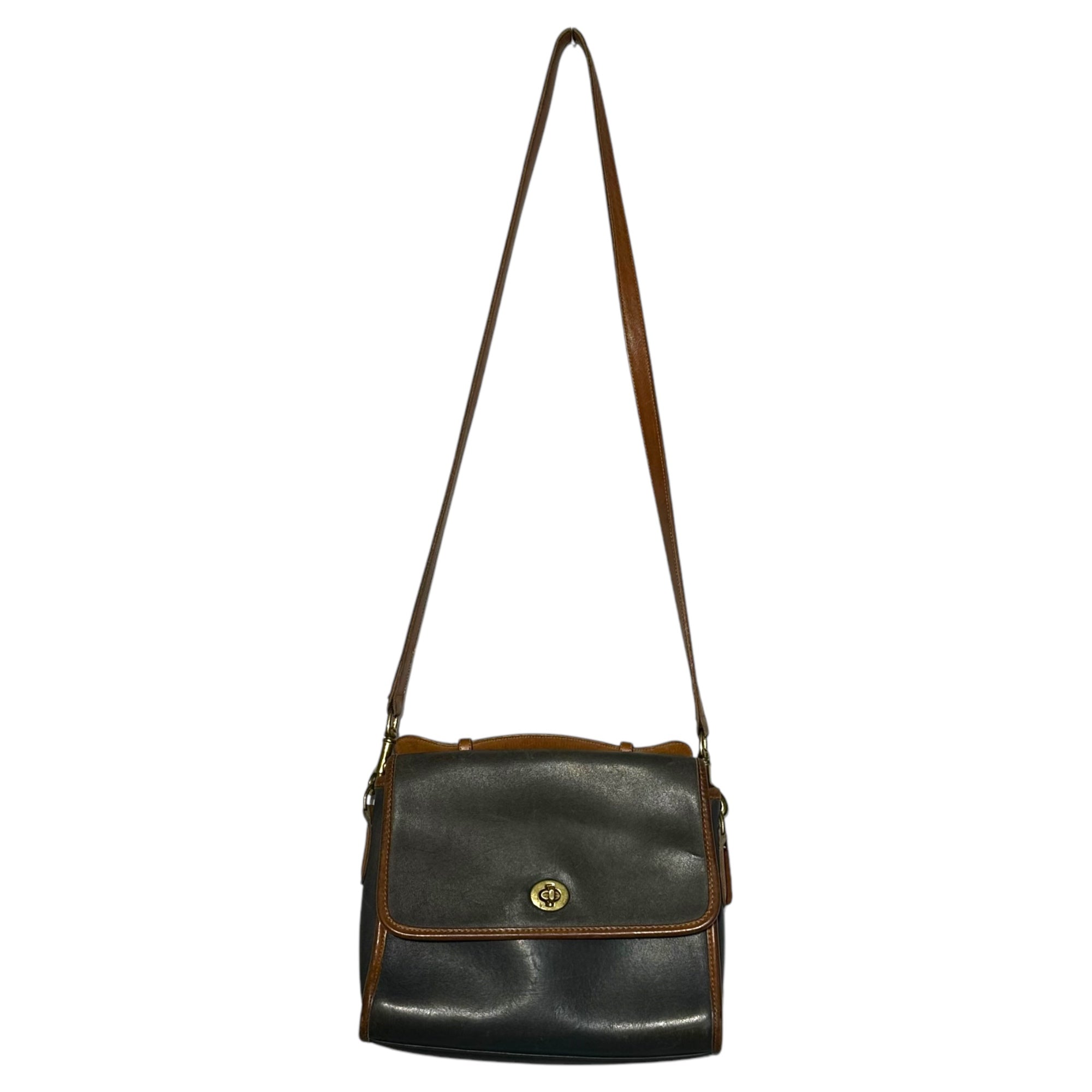 COACH(コーチ) 90's Old Coach Bicolor Flap Leather Shoulder Bag 90年代 オールドコーチ バイカラー フラップ レザー ショルダー バッグ 014-9021 ネイビー(色あせでカーキに近くにあっています)×ブラウン