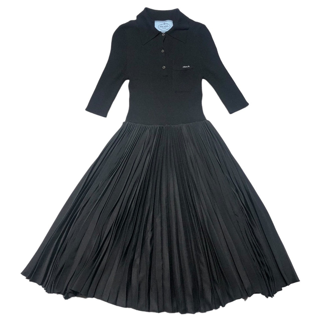 PRADA(プラダ) 20SS Chest logo knit polo pleated dress 胸ロゴ ニットポロ プリーツ切替 ワンピース P3E34 38(M~L) ブラック