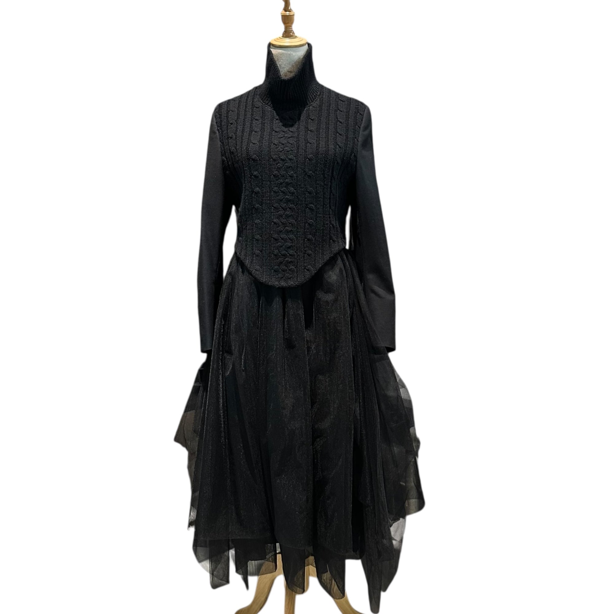 noir kei ninomiya(ノワールケイニノミヤ) 23AW Knit-Panel Tailored Sleeve Tulle Dress ニット切替 テーラード スリーブ チュール ワンピース 3L-O012 S ブラック AD2023