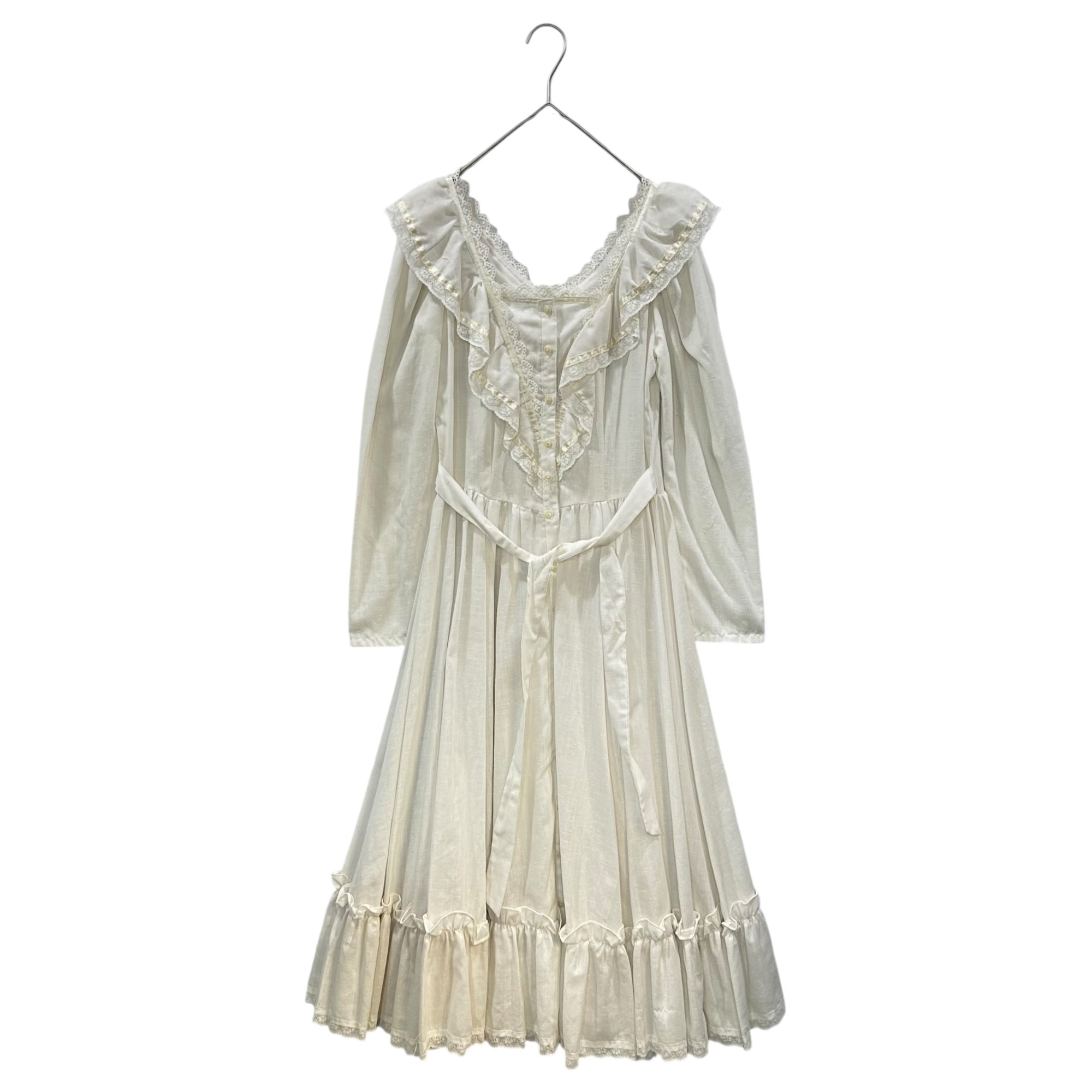 GUNNE SAX(ガニーサックス) 70's ribbon and lace long onepiece ふんわりギャザーとレースの長袖ワンピース Mサイズ程度 ホワイト