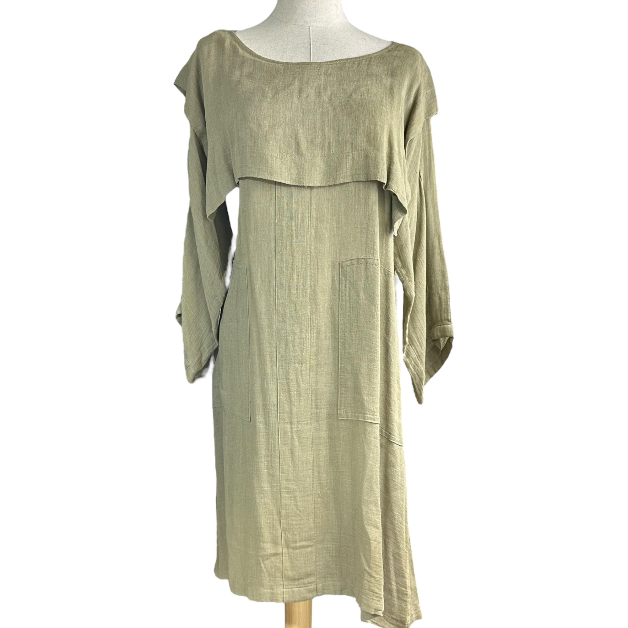 ISSEY MIYAKE(イッセイミヤケ) 70's Vintage Layered-Style Crewneck Dress 70年代 ヴィンテージ レイヤード調 クルーネック ワンピース ポケット FREE ベージュ 品質表示タグ切り取り 初期 筆タグ