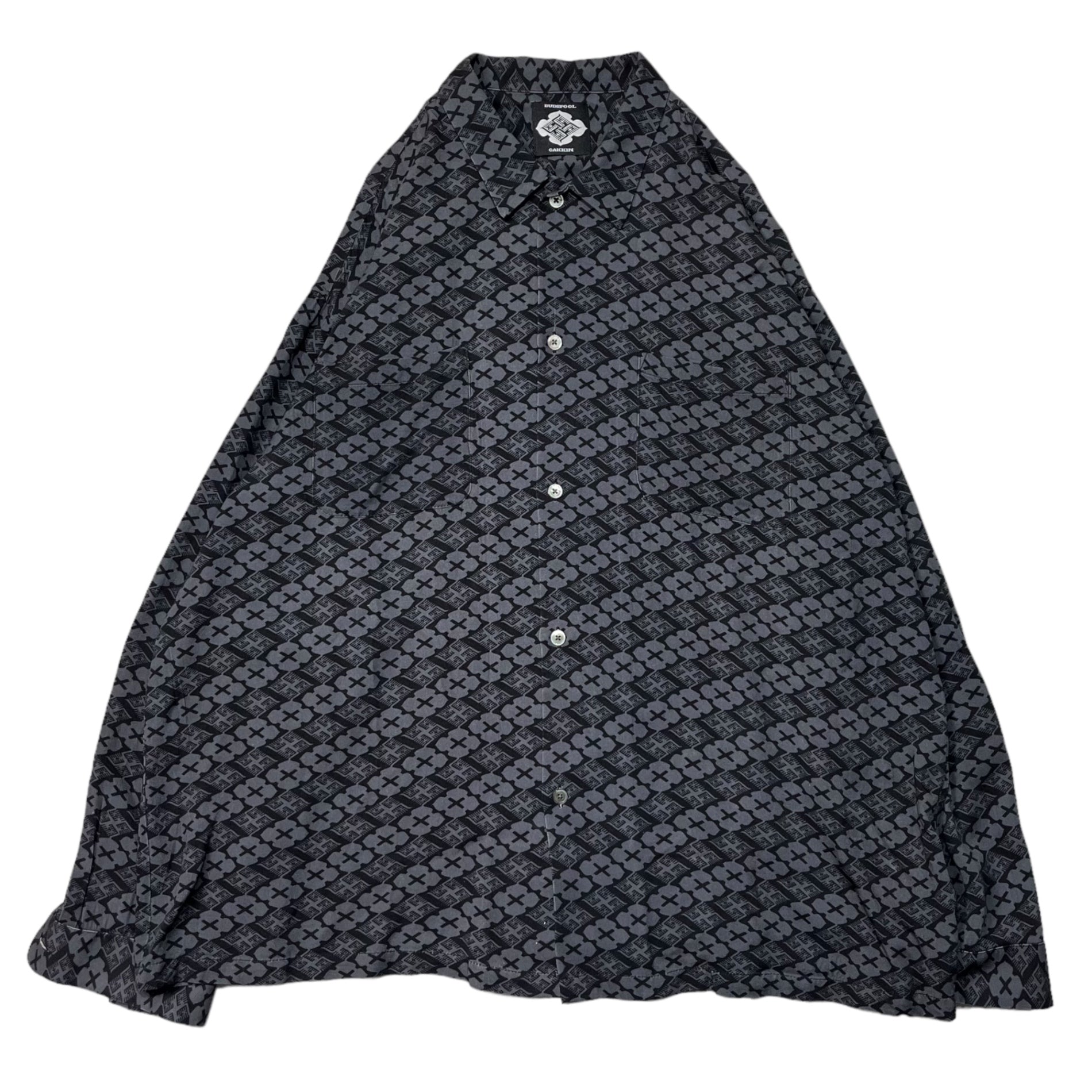 BUDSPOOL ×GAKKIN(バッズプール×ガッキン) 舐達麻 花罰 レーヨン長袖シャツ L グレー×ブラック