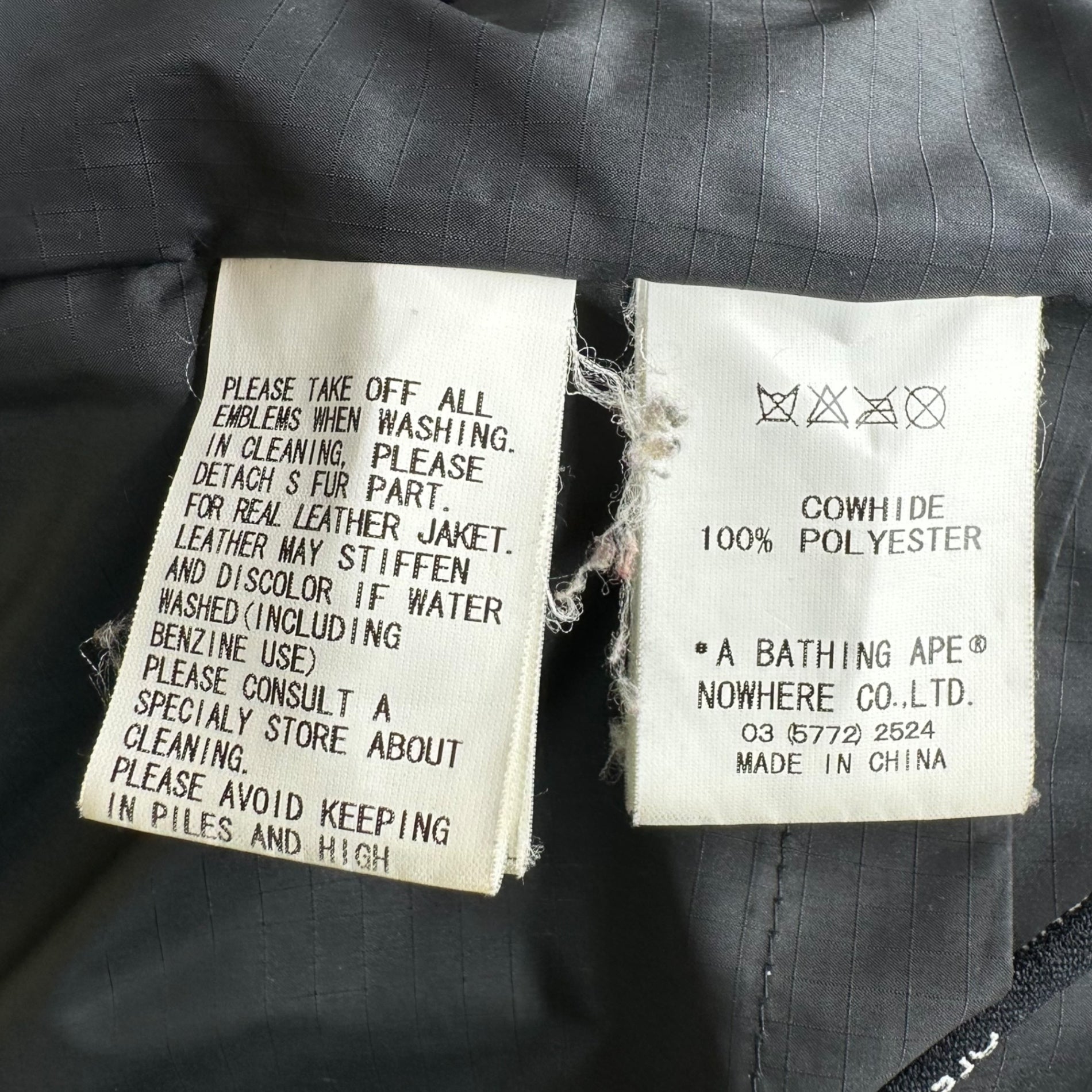 A BATHING APE(アベイシングエイプ) 00's Racoon Fur Embellished Cow Leather Down Jacket ラクーン ファー 装飾 カウレザー ダウン ジャケット S ブラック×ベージュ