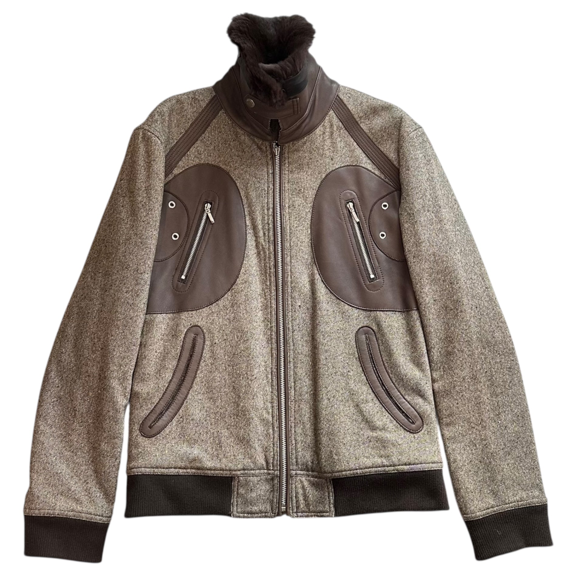 BURBERRY BLACK LABEL(バーバリーブラックレーベル) Fur-Trimmed Leather-Panel Tweed Zip-Up Jacket ファー付 レザー 切替 ツイード ジップアップ ジャケット BMP86-322-46 M ベージュ×ブラウン ブルゾン