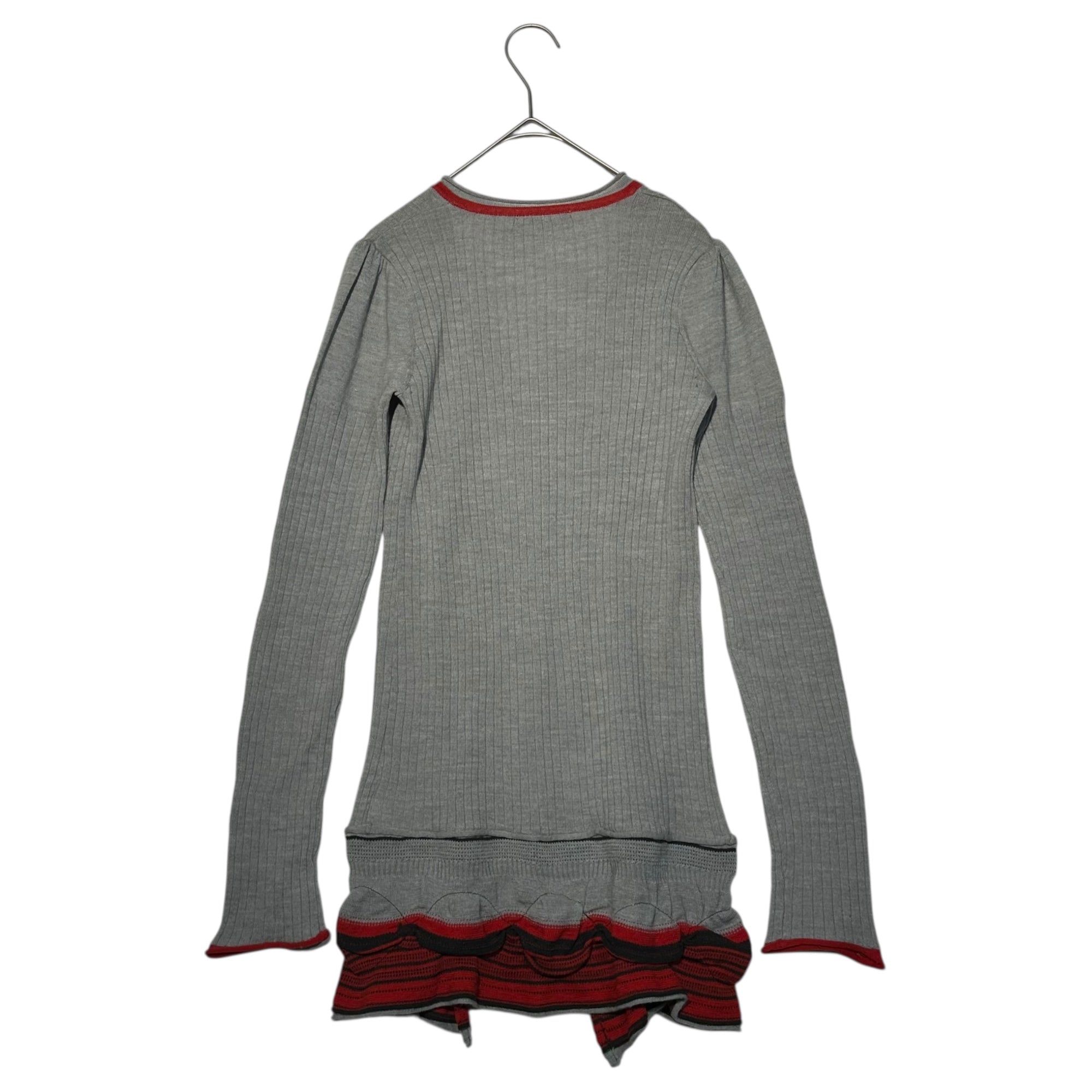 MARITHE FRANCOIS GIRBAUD(マリテフランソワジルボー) 00's Hem Design Ruffled Knit Ribbed Cardigan 裾デザイン フリル ニット リブ カーディガン F7-8004 S グレー×レッド Y2K