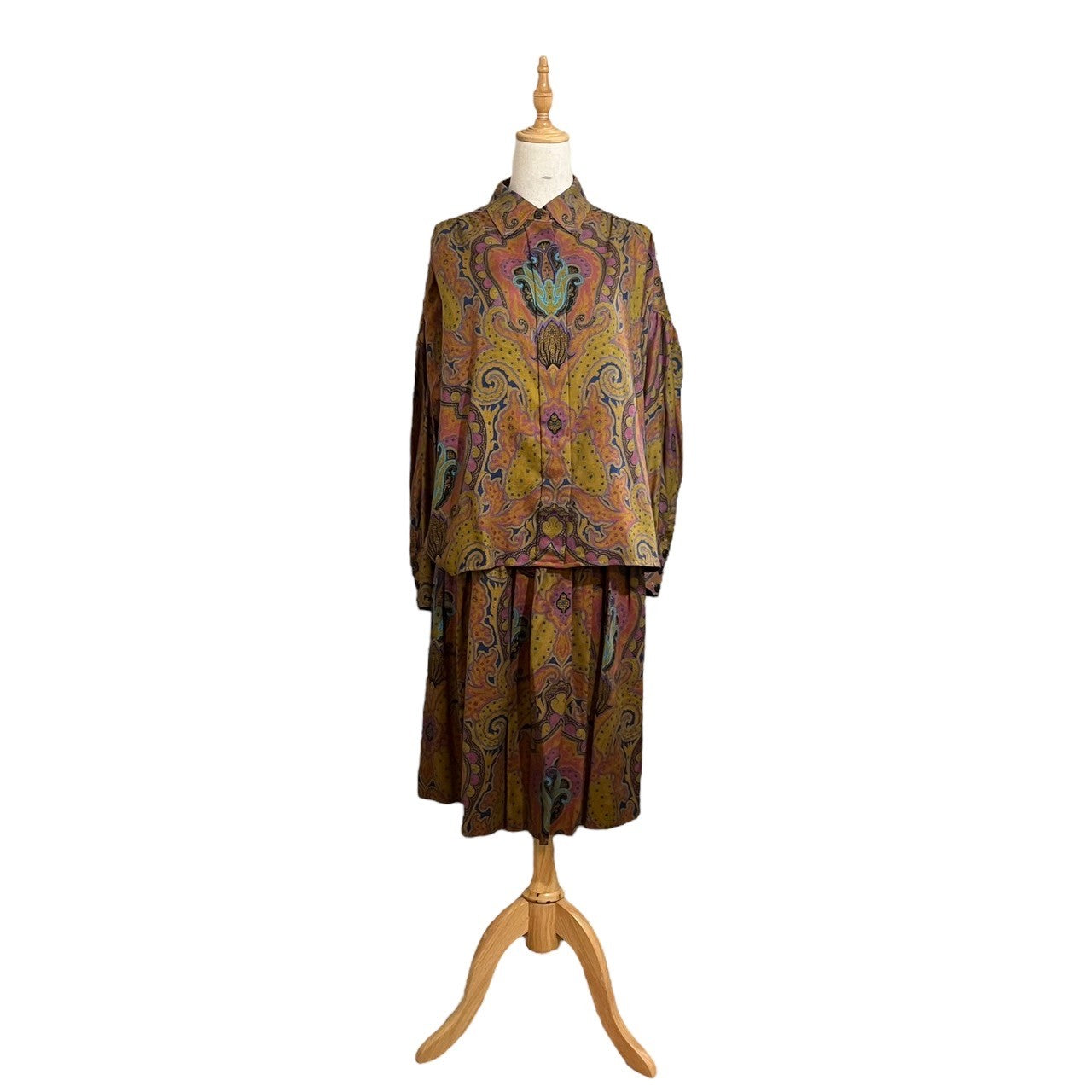 YVES SAINT LAURENT(イヴサンローラン) 90's Paisley pattern wool shirt blouse setup ペイズリー柄 ウール シャツ ブラウス セットアップ HT150-801 / HE254-801 シャツ:S / スカート:M ブラウン×パープル 90年代 総柄 プリーツスカート