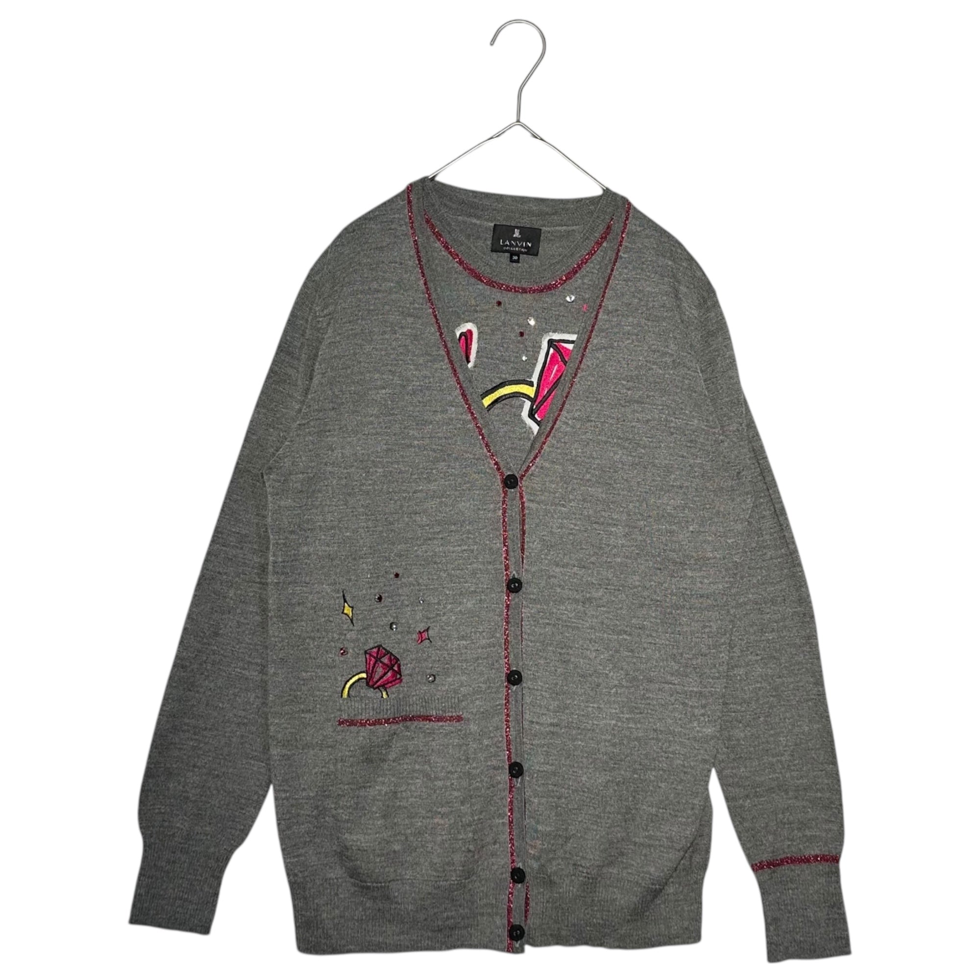 LANVIN COLLECTION(ランバン コレクション) Beaded Patch Decoration Ensemble Cardigan ビーズ ワッペン 装飾 アンサンブル カーディガン 38(M程度) グレー