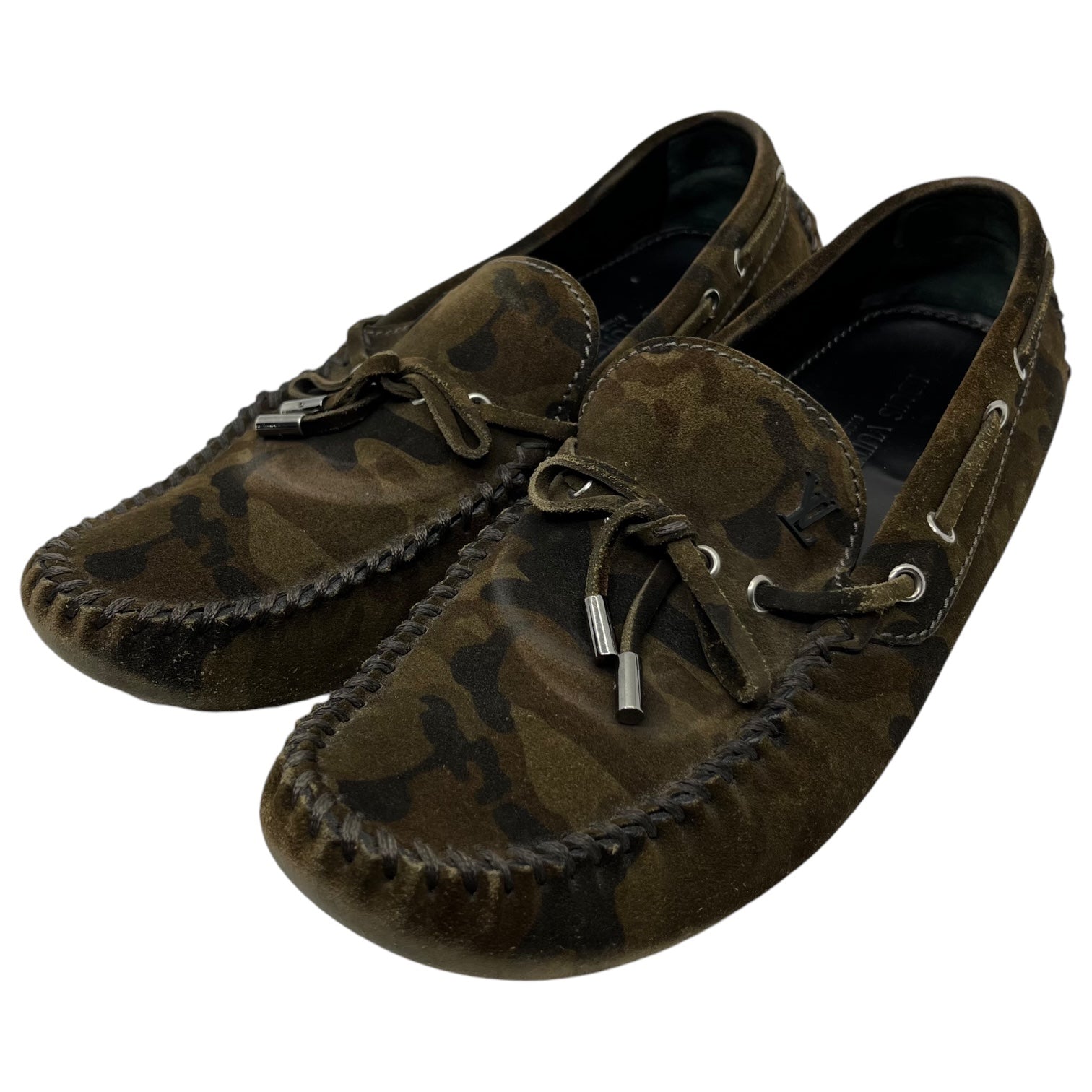 LOUIS VUITTON(ルイヴィトン) Camouflage moccasin driving shoes カモフラ モカシン ドライビング シューズ 製造番号:ND0133 9 1/2(27.5cm~28cm程度) カーキ 迷彩 ロゴ ローファー スリッポン