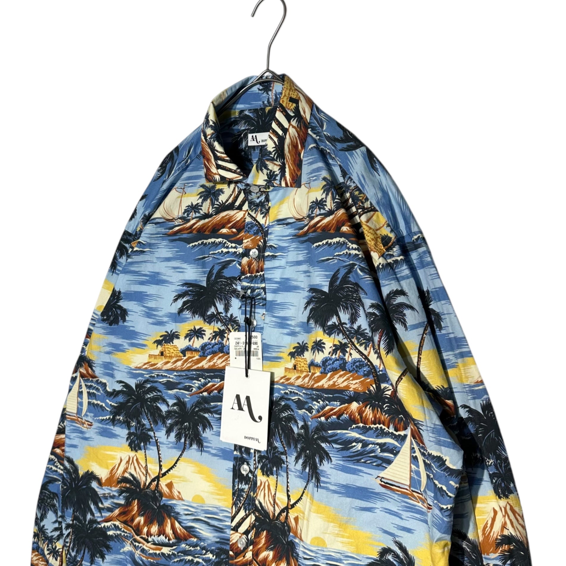 DOPPIAA(ドッピアアー) AZZURRO E BLU MARINE SHIRT ビーチ プリント 長袖 シャツ 241-31403-690 45 ブルー 参考定価41800円