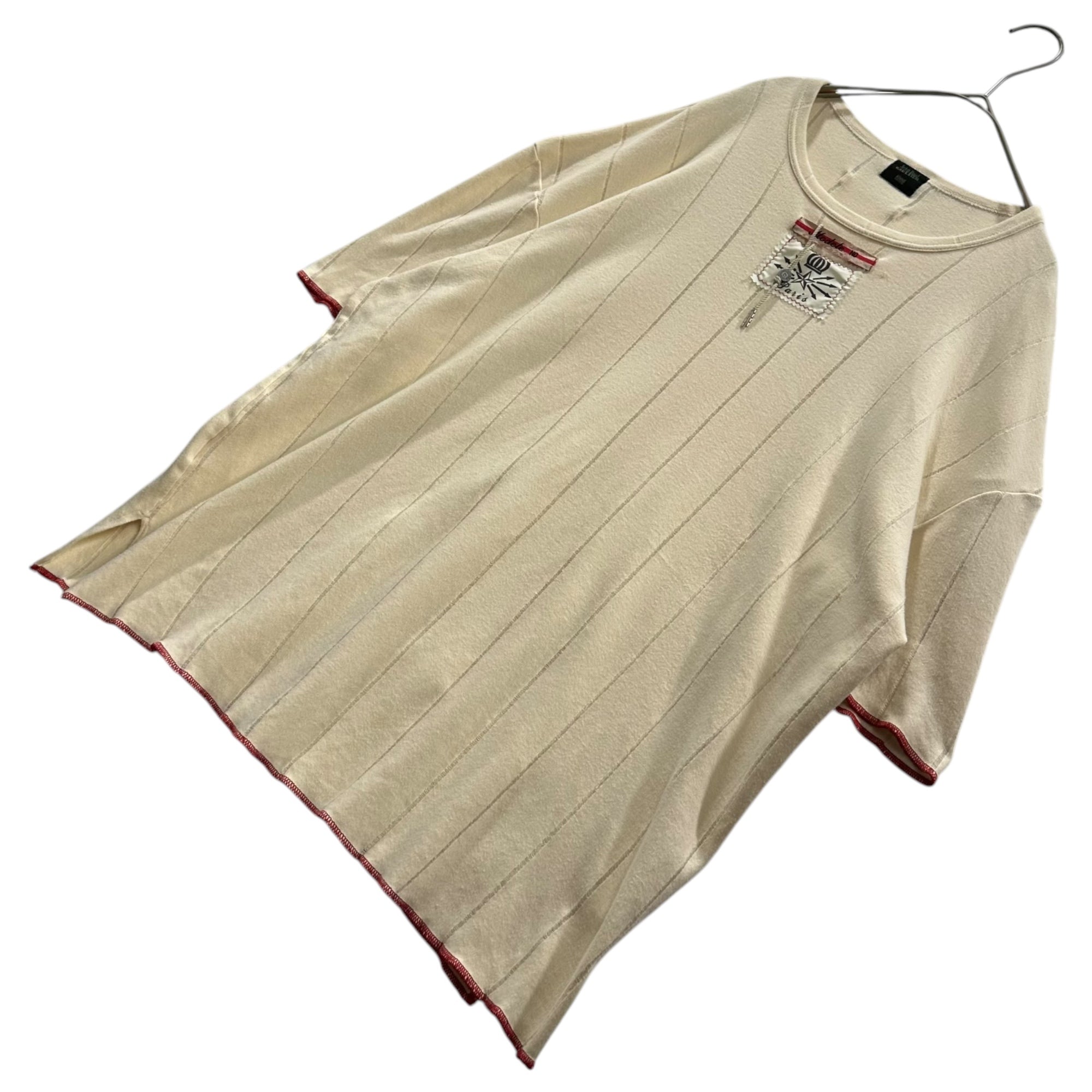 Jean Paul GAULTIER HOMME(ジャンポールゴルチエオム) 90's Front Design Stripe Weave Red Stitch Archive T-Shirt 90年代 フロント デザイン ストライプ 織り レッドステッチ アーカイブ Tシャツ 560-5.CTH.JG. 48(M~L) ベージュ×レッド ヴィンテージ