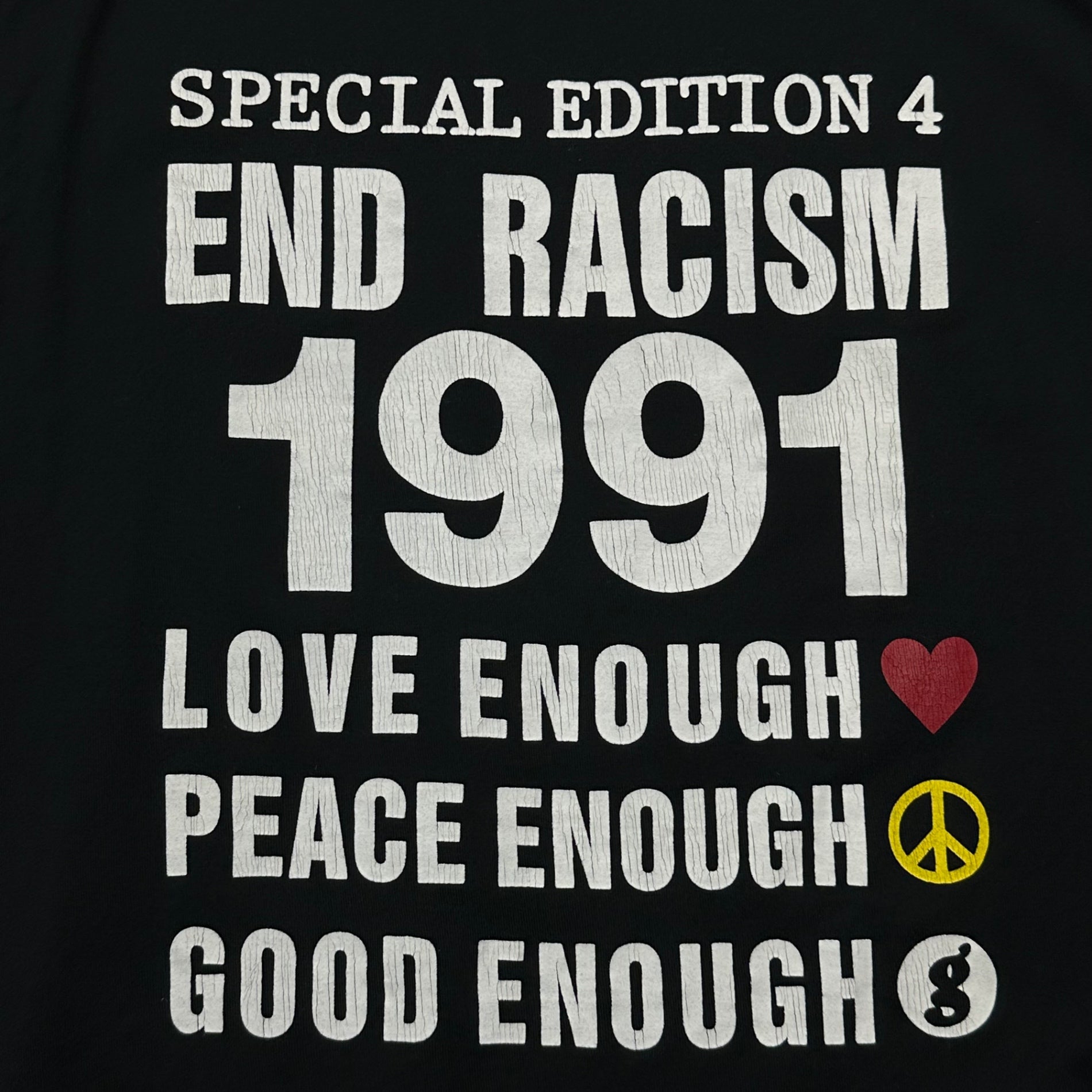 GOODENOUGH(グッドイナフ) 2013’s END RACISM Vintage-style s/s T-shirt ヴィンテージ加工 半袖 Tシャツ L ブラック×ホワイト