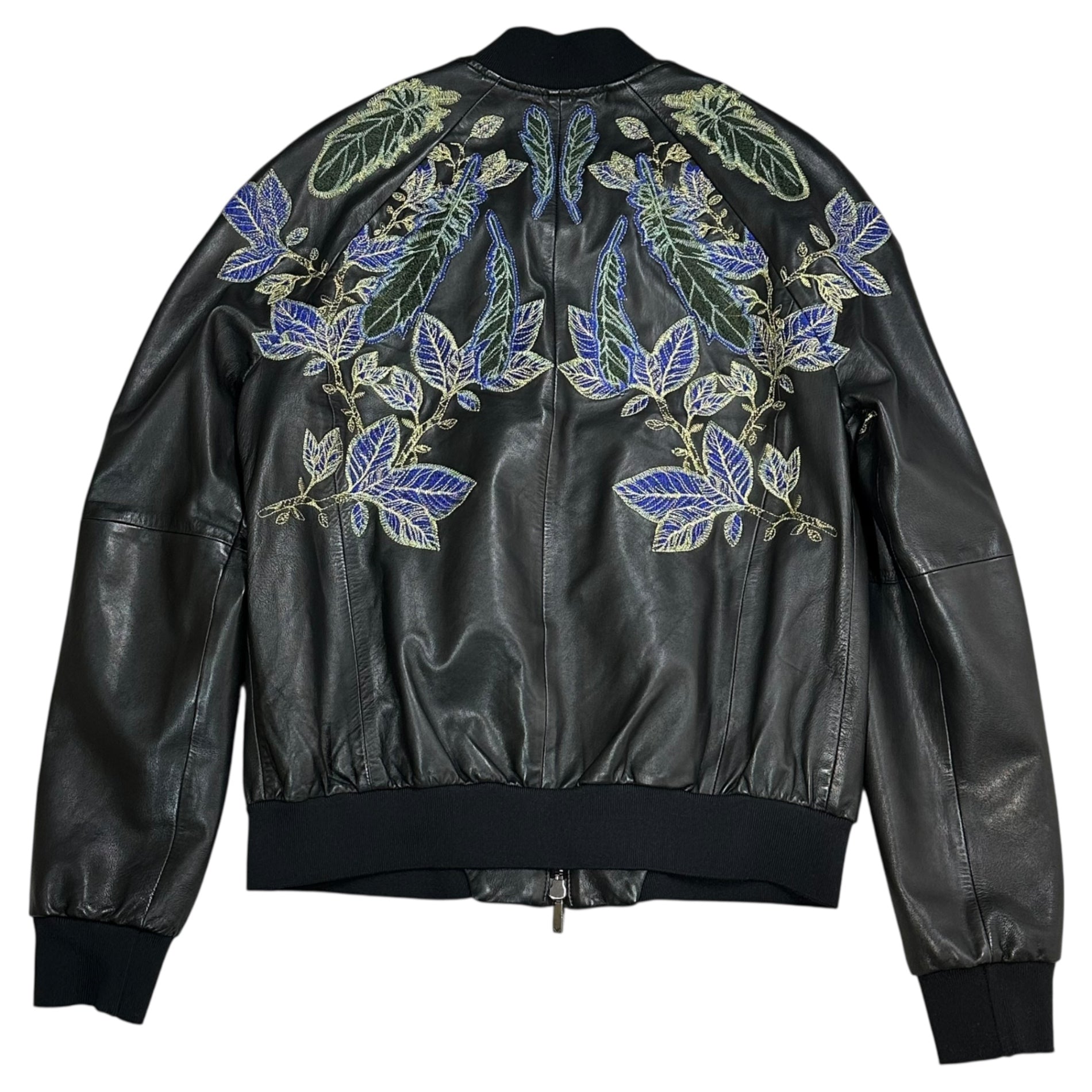 EMPORIO ARMANI(エンポリオアルマーニ) 17SS Plant Embroidery Leather Bomber Blouson 植物 刺繍 レザー ボンバー ブルゾン V1R13P V1P16 48(M程度) ブラック×ブルー 2017年 ミラノコレクション