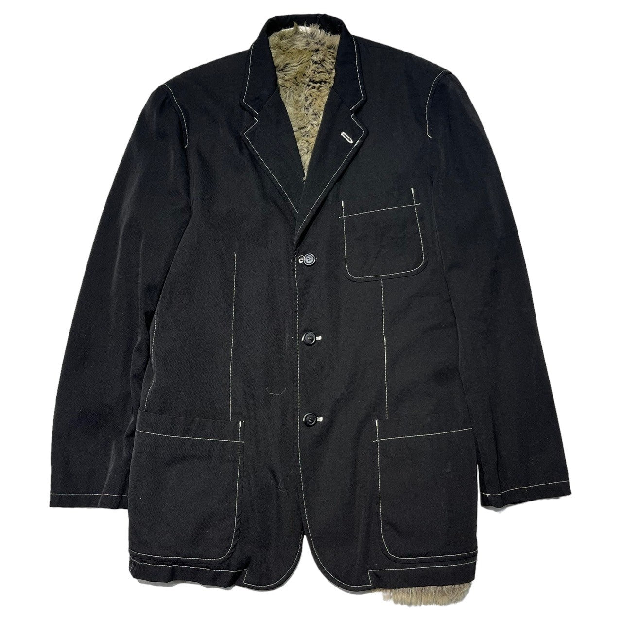 COMME des GARCONS HOMME HOMME(コムデギャルソンオムオム) 00AW inner fur 3 button jacket  内ファー 3ボタン ジャケット 田中オム M ブラック 00's ステッチ テーラード グリズリー