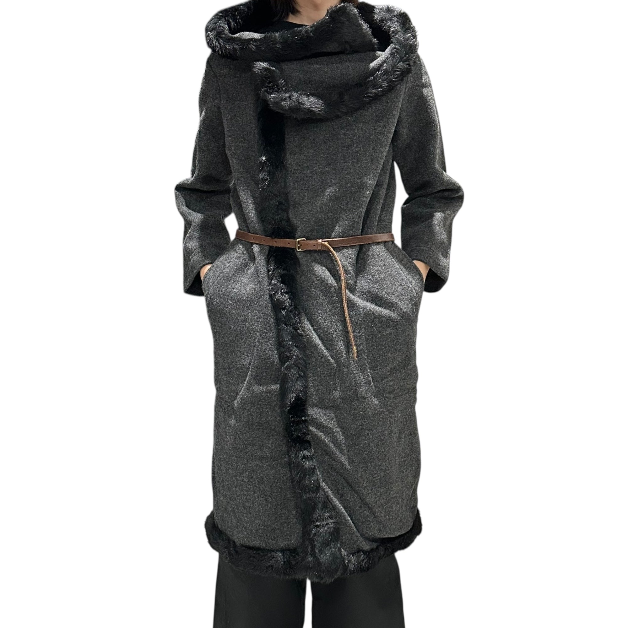 tricot COMME des GARCONS(トリココムデギャルソン) 99AW Vintage Eco-Fur Decorative Wool Long Gown Coat ヴィンテージ エコファー 装飾 ウール地 ロング ガウン コート 羽織 TC-070040 FREE グレー×ブラック AD1999