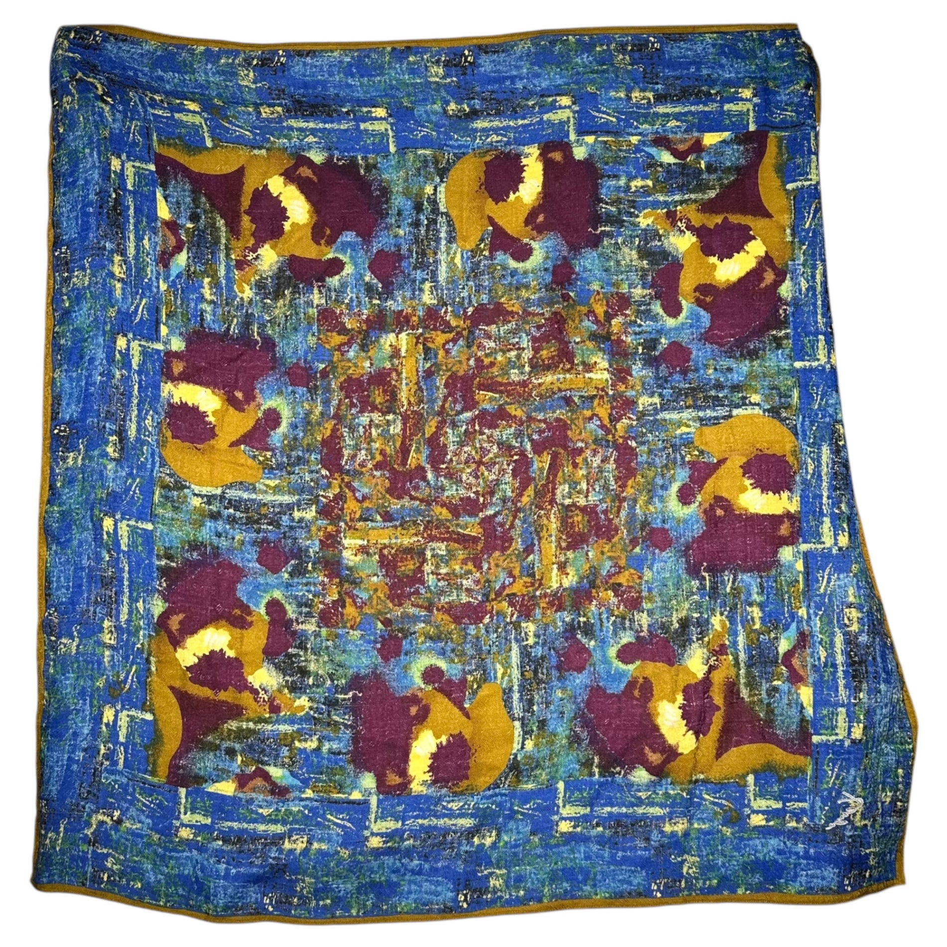 KENZO(ケンゾー) 90's Oil Painting Art Graphic Stole 油絵 アート グラフィック ウール シルク ストール ブルー 大判 スカーフ