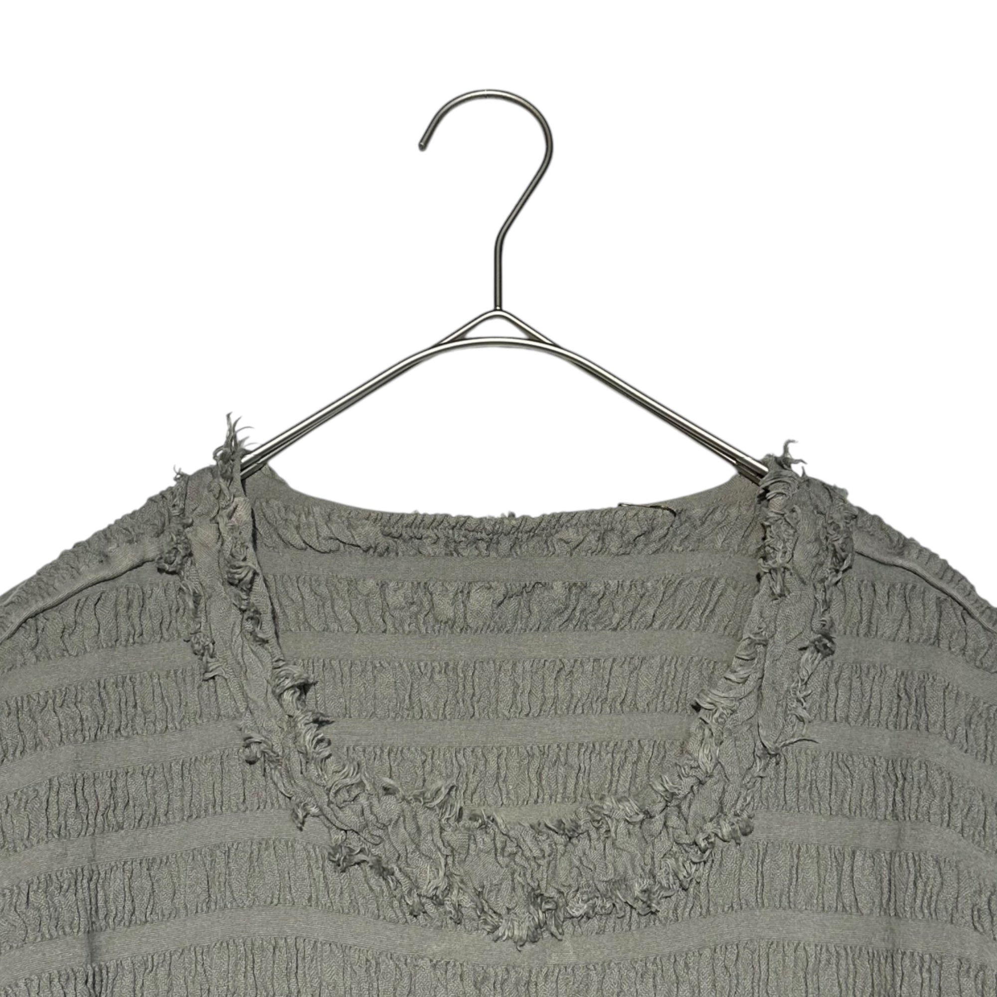 me ISSEY MIYAKE(ミーイッセイミヤケ) pleated border fringe short sleeve cut and sew プリーツ ボーダー フリンジ 半袖 カットソー MI62FK352 FREE グレー