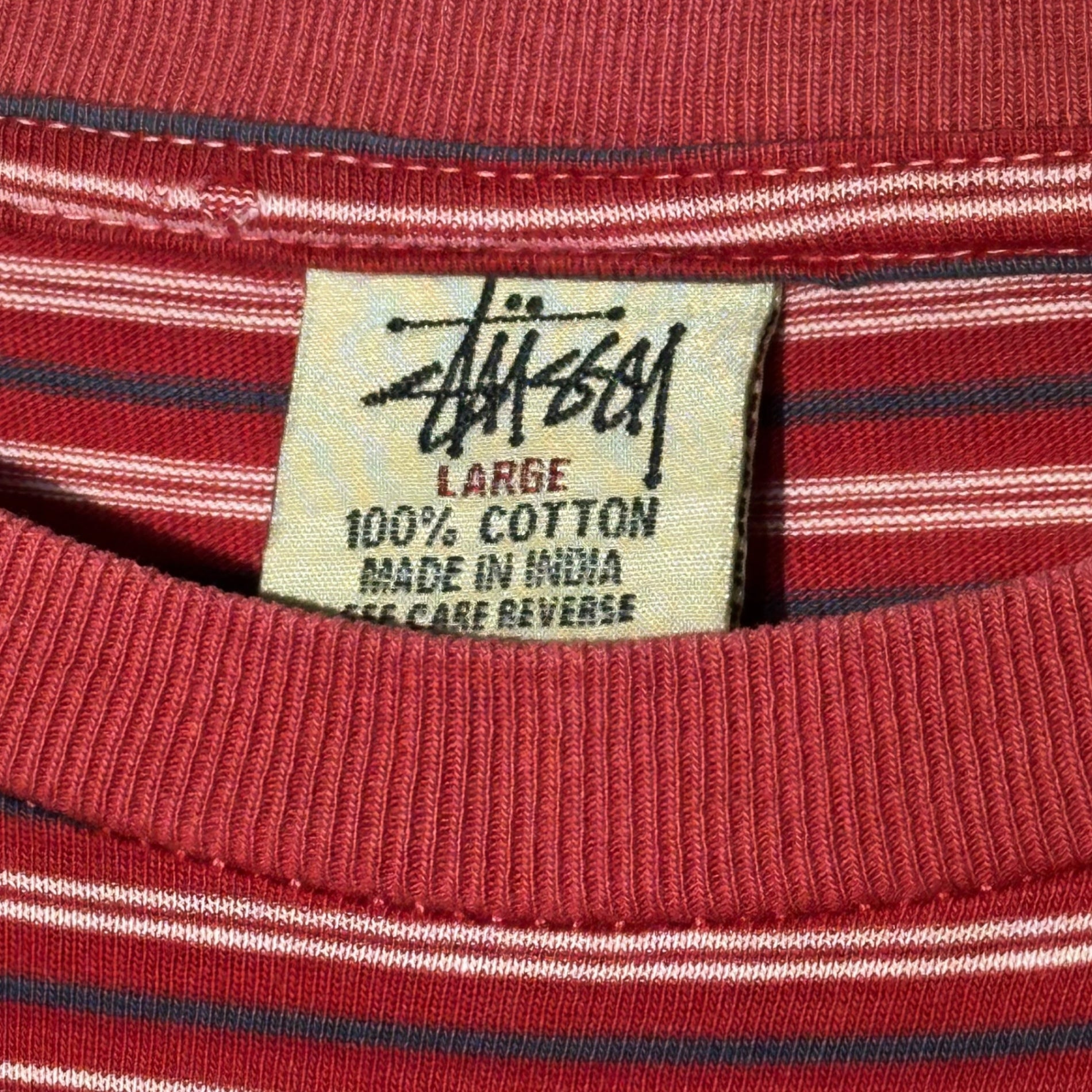 STUSSY(ステューシー) 90's USA made Striped pocket logo T-shirt ストライプ ポケット ロゴ Tシャツ L レッド 90年代 USA製 ヴィンテージ OLD ENJOY YOURSELF 白タグ