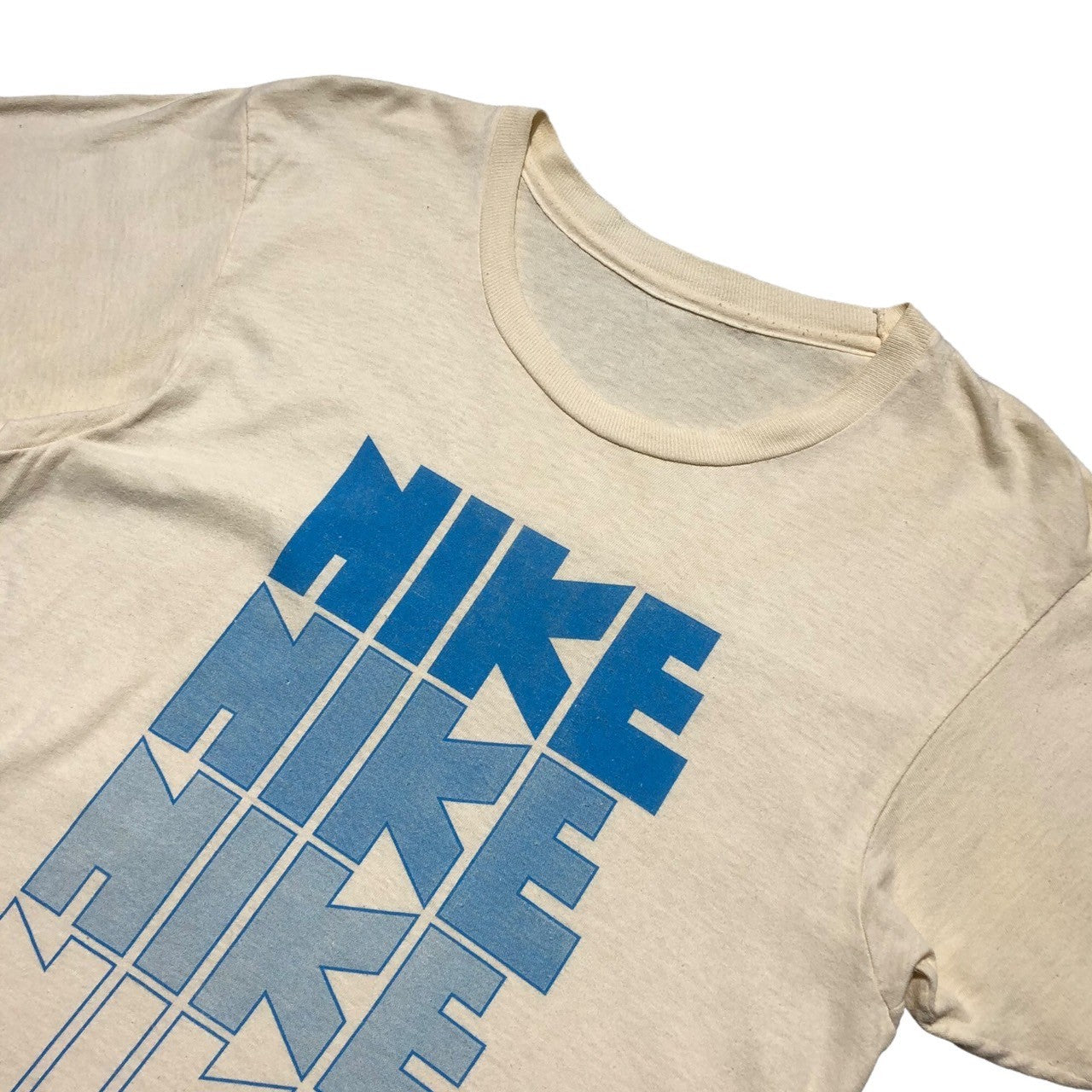 NIKE(ナイキ) 80's 4-tier logo print T-shirt ゴツ ナイキ 4段 プリント Tシャツ 表記無し(M程度) ベージュ×ブルー 80年代 オリジナル ヴィンテージ
