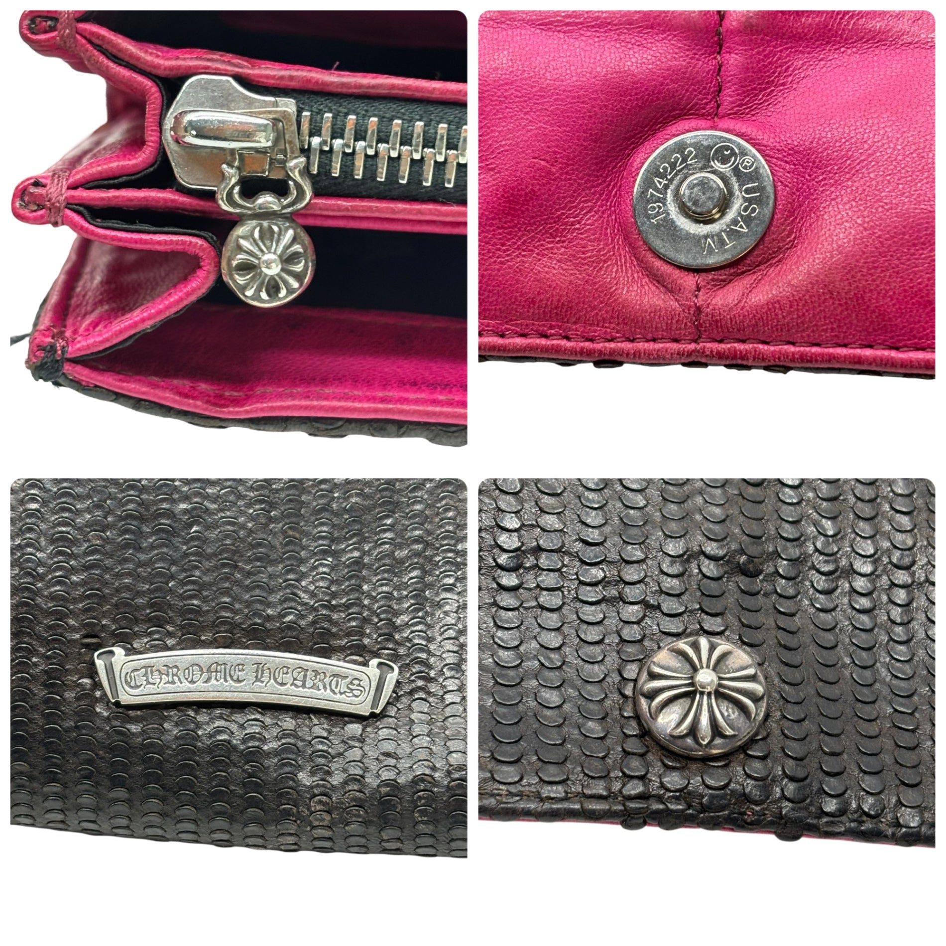 CHROME HEARTS(クロムハーツ) JUDY NOVELTY ジュディ ノベルティ クロスボタン レザーウォレット財布 ブラック×ピンク 限定品