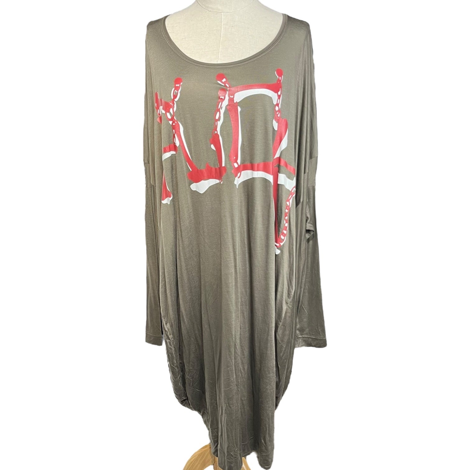 Vivienne Westwood RED LABEL(ヴィヴィアンウエストウッドレッドレーベル) "FUCK” Printed Dolman Gathered Cut and Sewn Dress ファック プリント ドルマン ギャザー カットソー ワンピース 16-01-531013 2(M程度) オリーブ