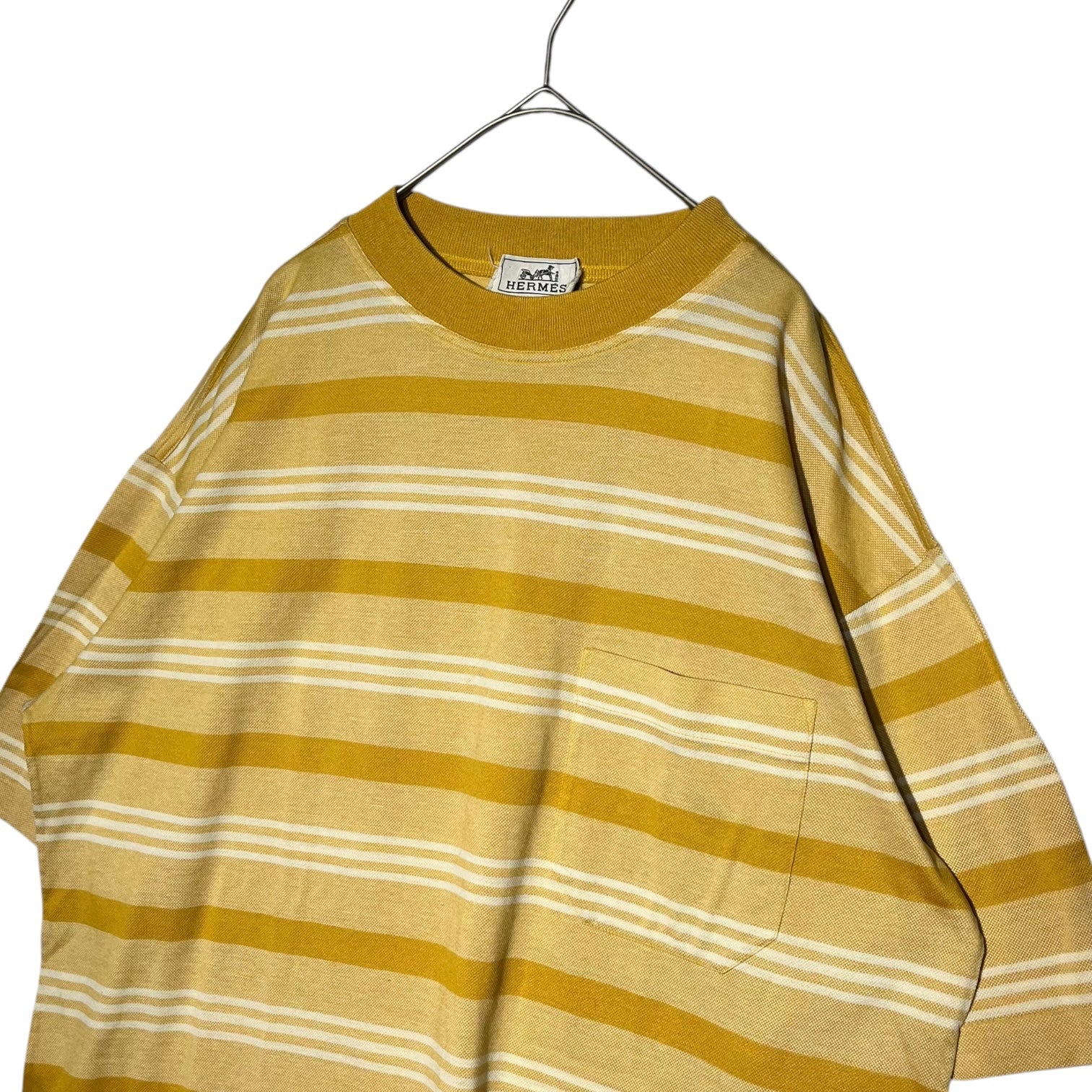 HERMES(エルメス) Pocket Striped S/S T-Shirt H 刺繍 ポケット ボーダー 鹿の子 半袖 Tシャツ L イエロー×ホワイト エルメスジャポンタグ