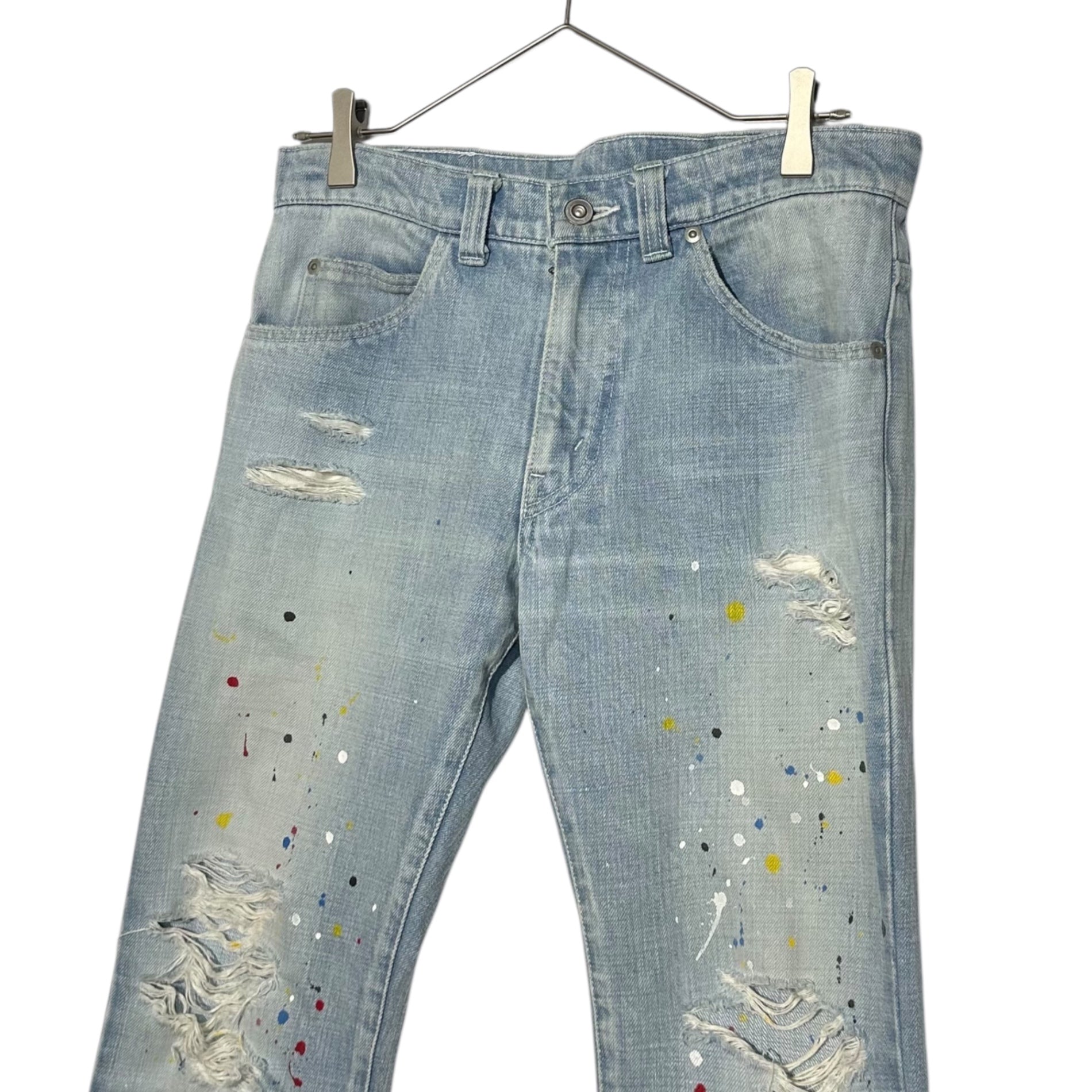 SKINS(スキンズ) Painted Flared Denim Pants ペンキ ダメージ 加工 フレア デニム パンツ 2(M程度) ライトインディゴ 日本製