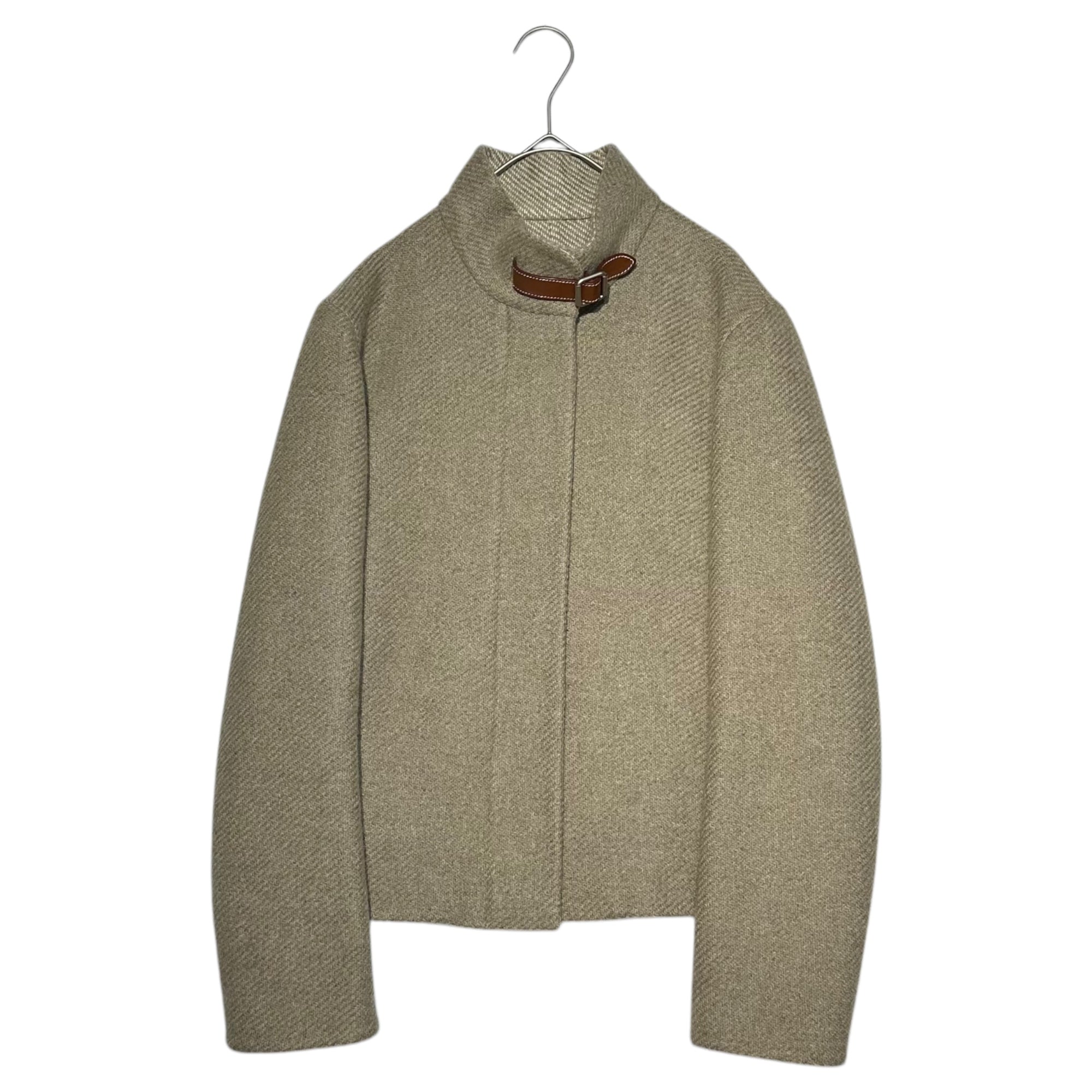 HERMES(エルメス) By Margiela 100% cashmere tweed stand collar jacket マルジェラ期 カシミア ツイード スタンドカラー ジャケット 38(M程度) ベージュ レザー ストラップ エルメスジャポンタグ ブルゾン