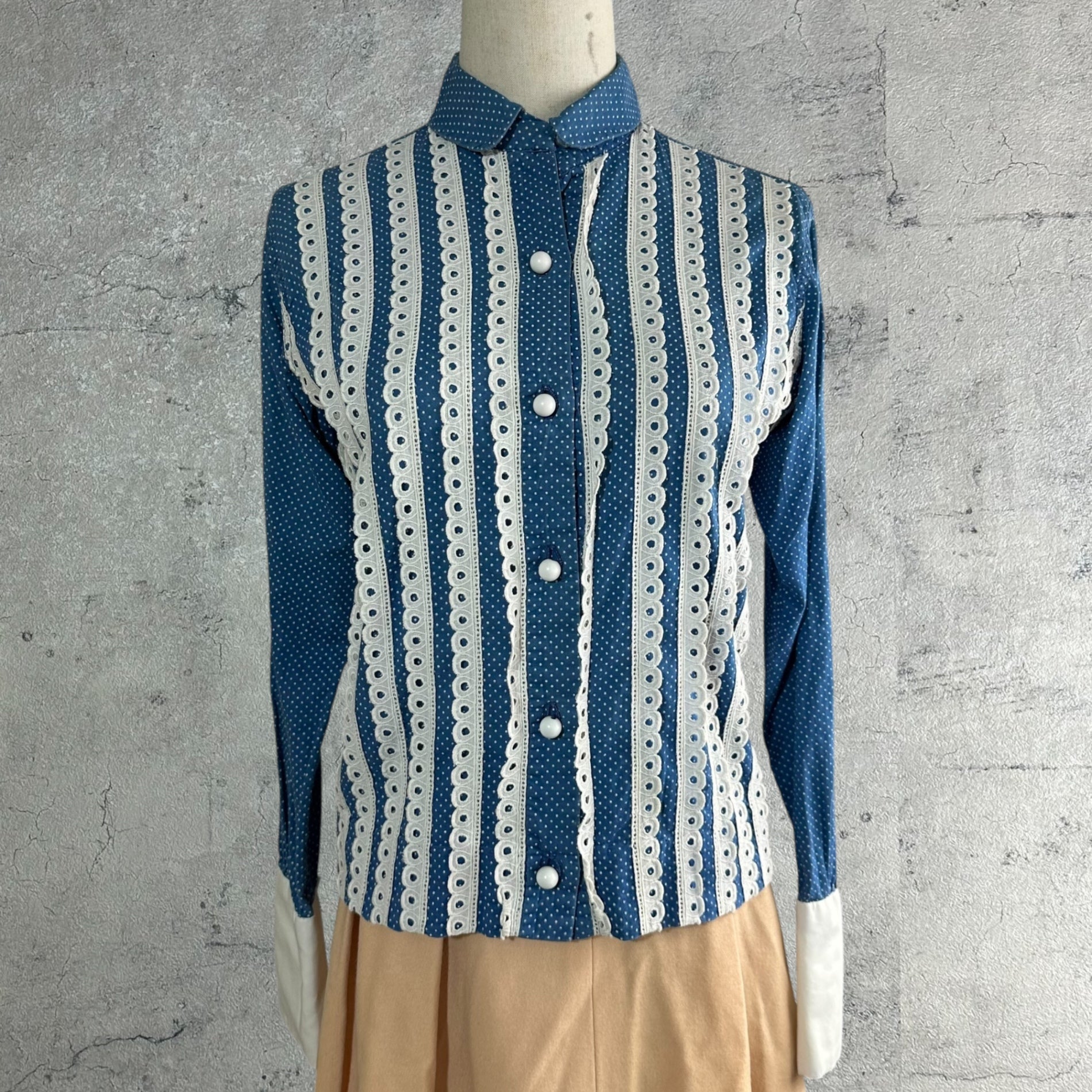 VINTAGE(ヴィンテージ) 60's glen of michigan Dot Pattern Lace Round Collar Blouse ドット柄 レース 丸襟 ブラウス 表記無(S~M程度) ブルー×ホワイト 推定60年代