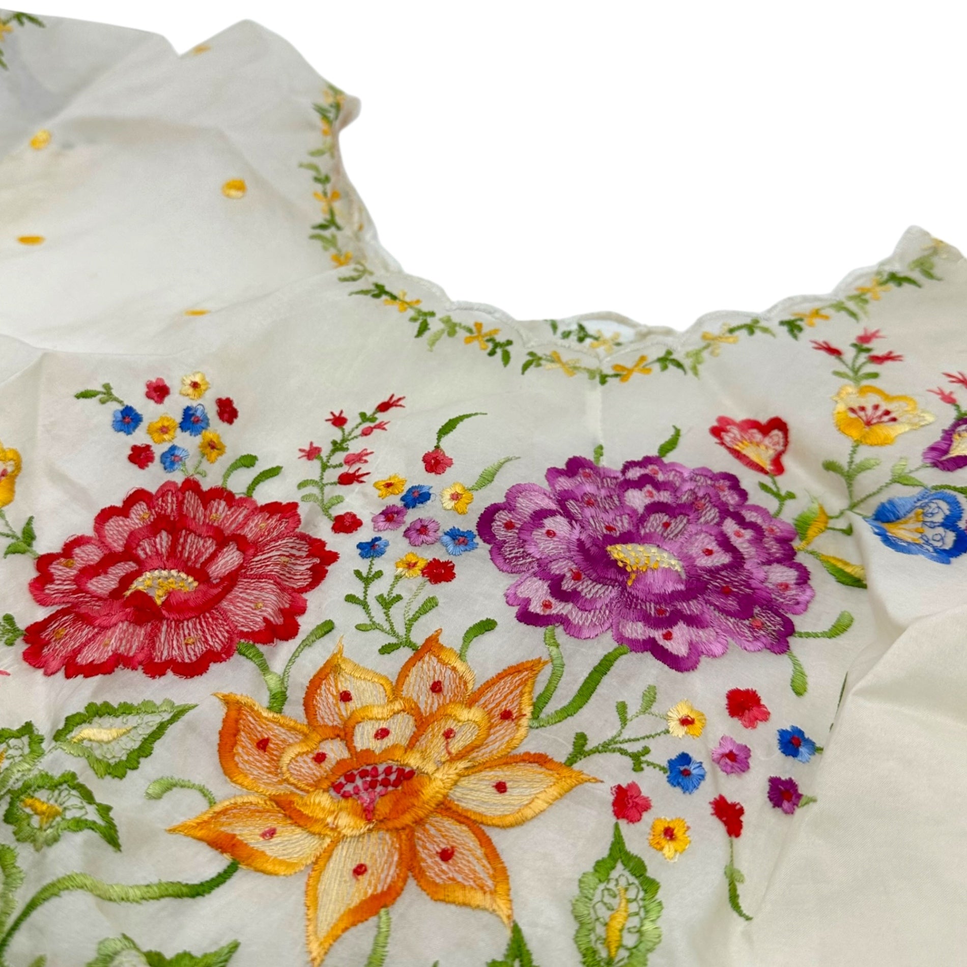 VINTAGE(ヴィンテージ) 70's~ flower embroidery short tops フラワー刺繍のフリル袖トップス ベスト M~L程度 ベージュ×マルチカラー