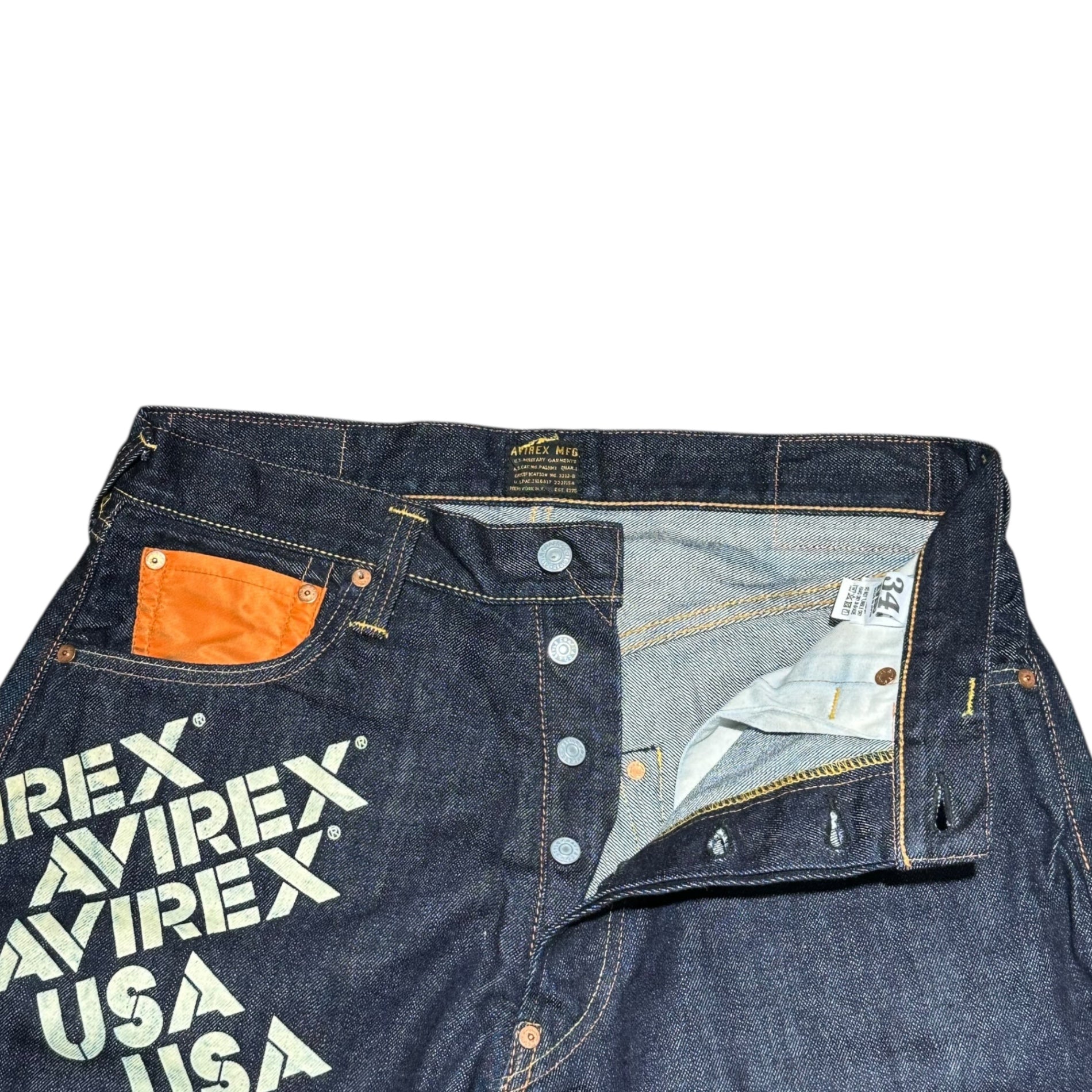 EVISU×AVIREX(エヴィス×アヴィレックス) AVIREX SPECIAL LOT 2001 30周年 限定コラボ カモメ ペイント セルビッチ デニム パンツ Lot 2001 34×32 インディゴ エビス ジーンズ