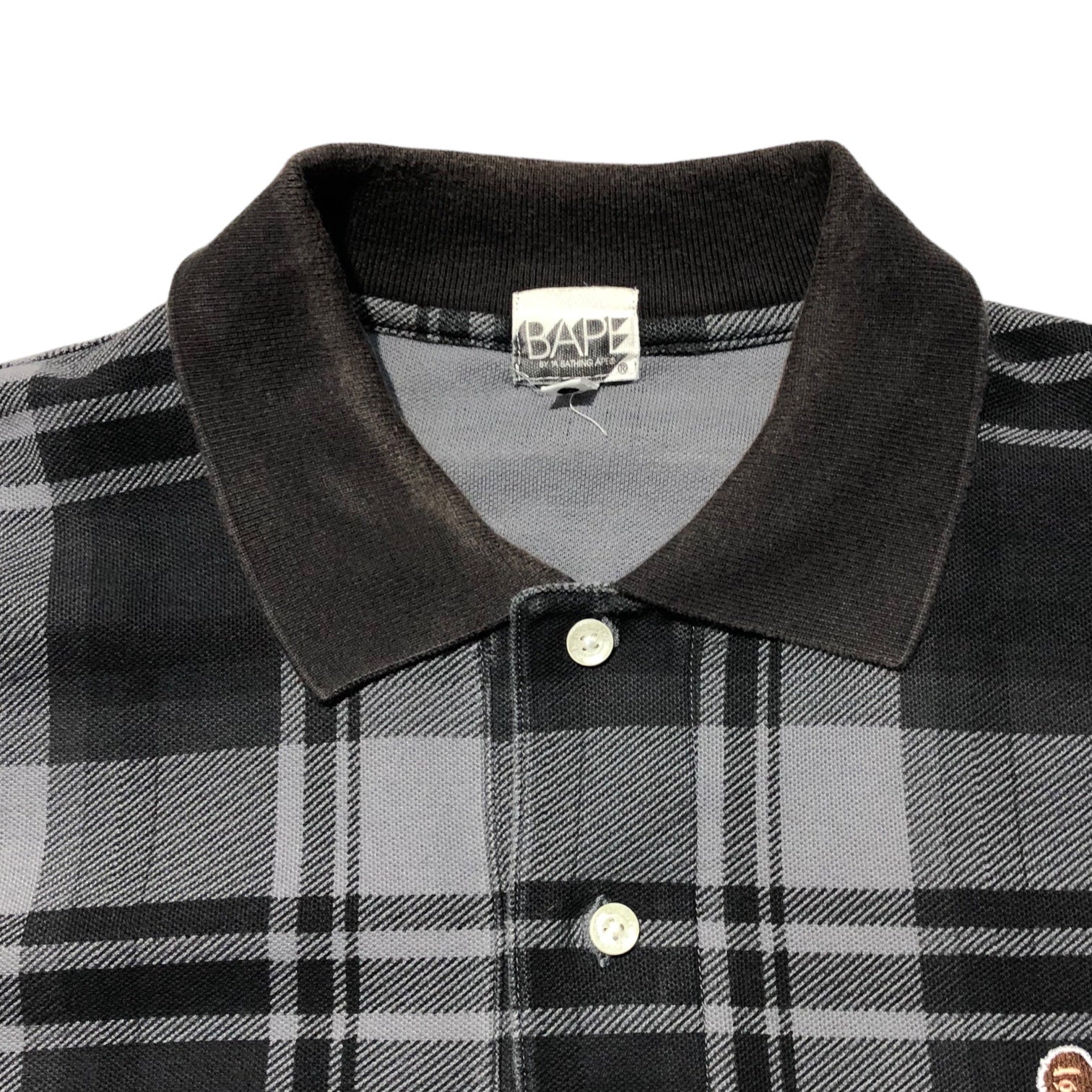 A BATHING APE(アベイシングエイプ) 00's One point logo check polo shirt ワンポイント ロゴ チェック ポロ シャツ L ブラック×グレー