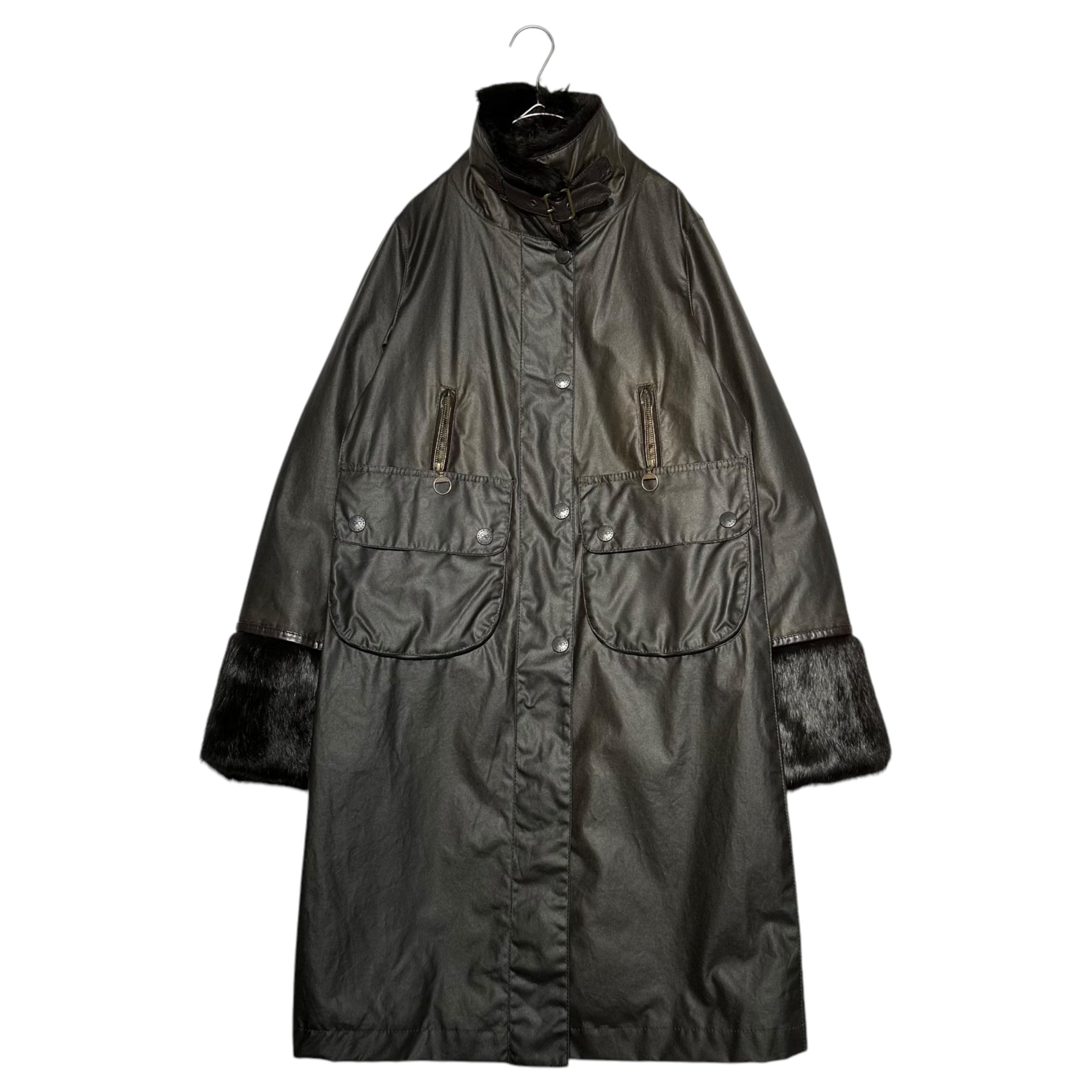 Barbour × ANYA HINDMARCH(バブアー × アニヤハインドマーチ) Fur-embellished oiled jacket coat ファー装飾 オイルド ジャケット コート 34(XS~S程度) ダークブラウン コラボアイテム 稀少品