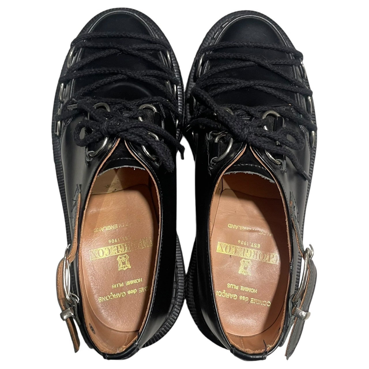 COMME des GARCONS HOMME PLUS × GEORGE COX(コムデギャルソンオムプリュス × ジョージコックス) 19AW D RING BUCKLE Bondage lace-up rubber sole leather shoes Dリング バックル ボンテージ レースアップ ラバーソール レザー シューズ PD-K122-001 UK7(26~26.5cm程度) ブラック 参考定価82,500円(税込) 箱付