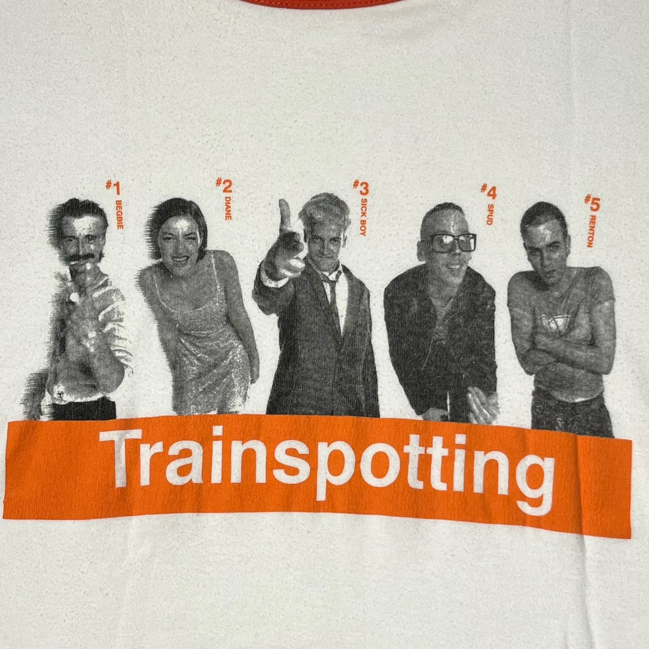 UNDERWORLD(アンダーワールド) 90's trainspotting TEE/リンガーTシャツ/トレインスポッティング/ムービーTシャツ 表記無し(Sサイズ程度) ホワイト×オレンジ 当時物 1996年 Underworld Born Slippy 映画