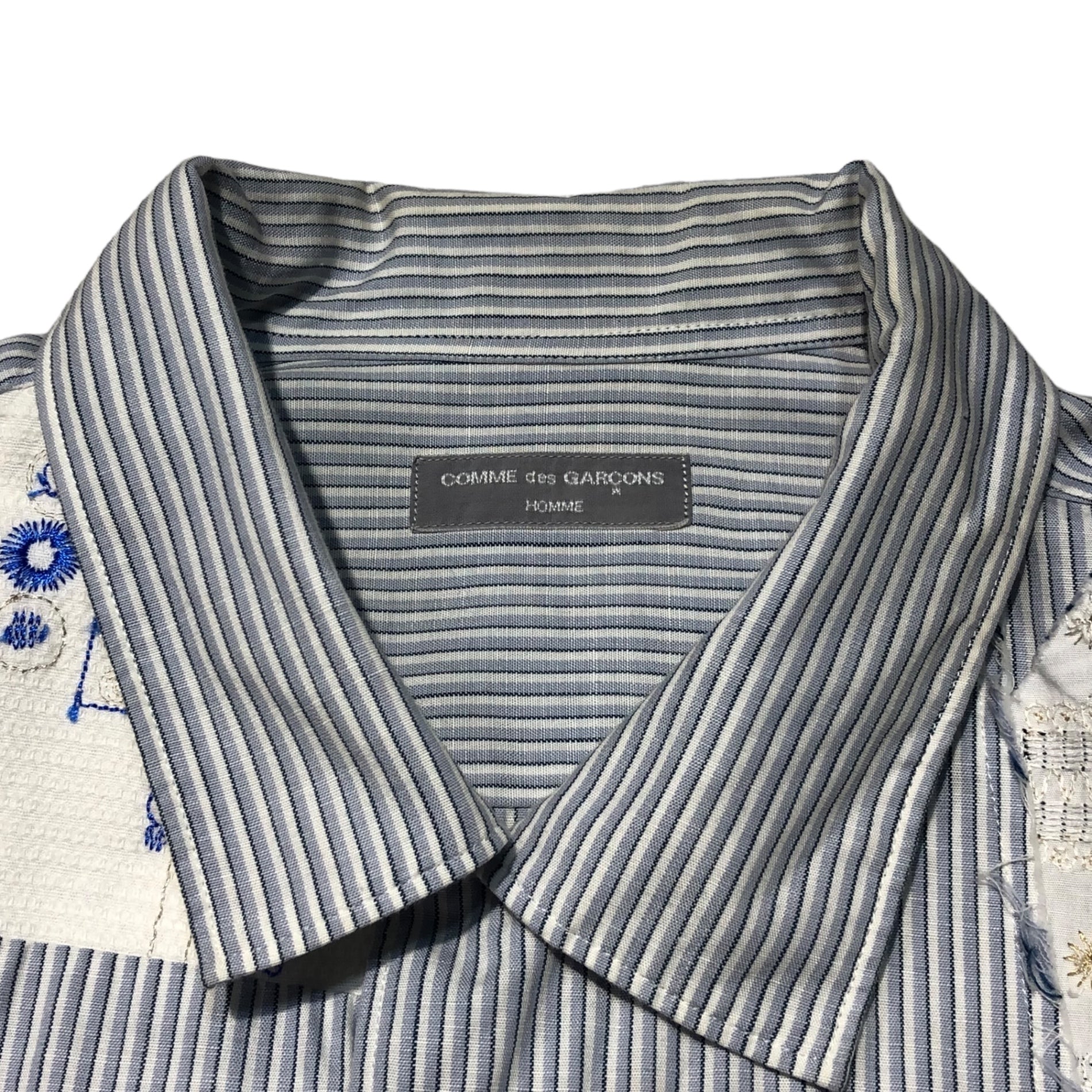 COMME des GARCONS HOMME(コムデギャルソンオム) Old patchwork striped overshirt オールド パッチワーク ストライプ オーバーシャツ 田中オム 表記無し(FREE) ブルー×マルチカラー AD2002 開襟(オープンカラー)