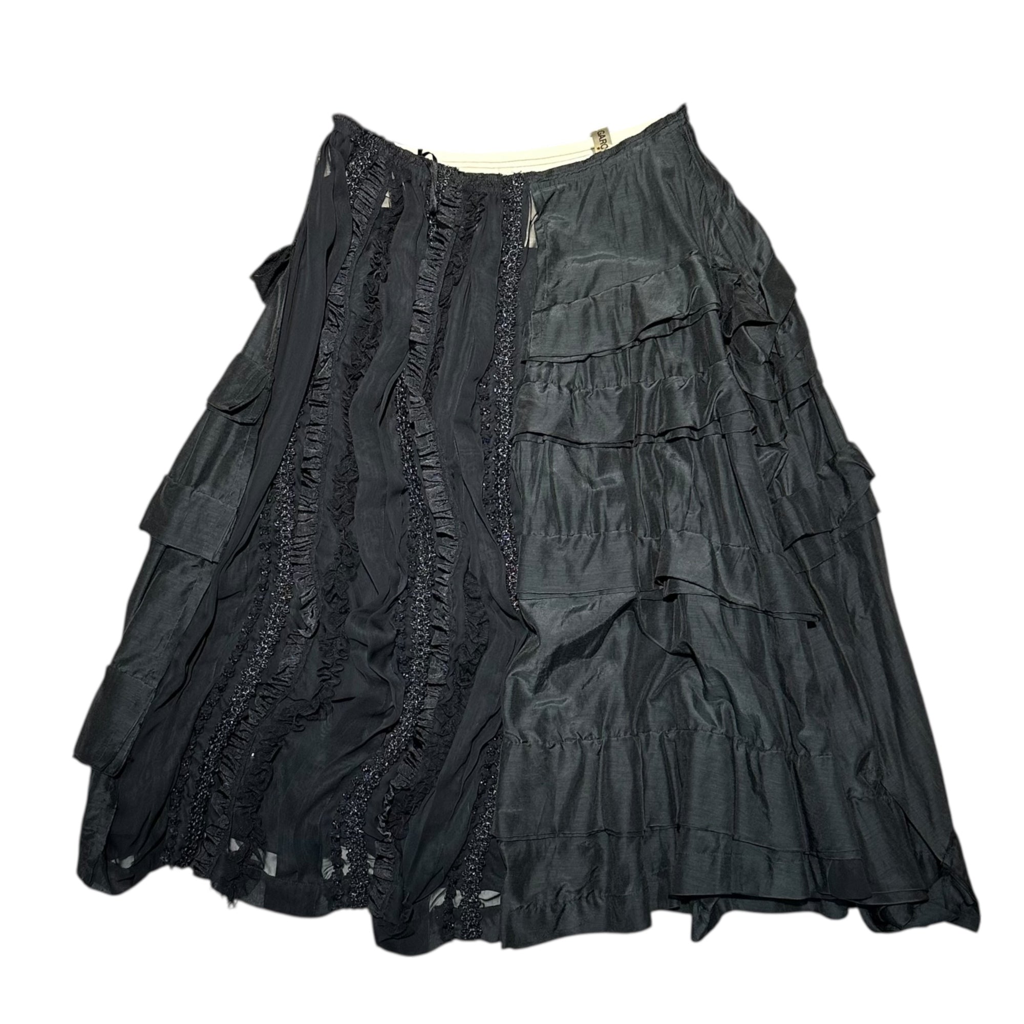 COMME des GARCONS(コムデギャルソン) Lace-embellished tiered skirt レース装飾 ティアード スカート S ブラック 品質表示タグ切取