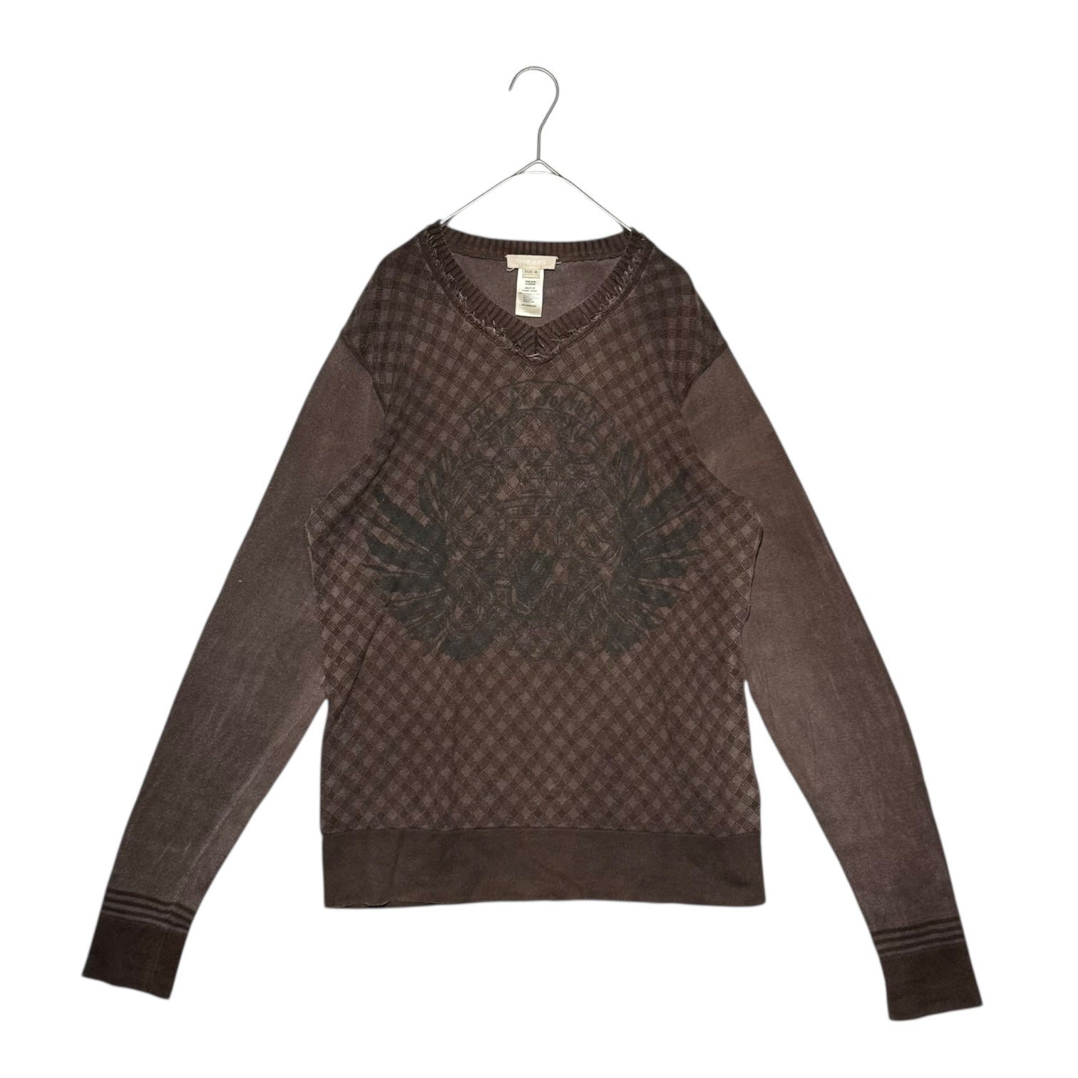 DIESEL(ディーゼル) 00's Front Print V-Neck Check Long Sleeve Sweatshirt Cut and Sewn フロントプリント Vネック チェック 長袖 スウェット カットソー M ボルドー Y2K