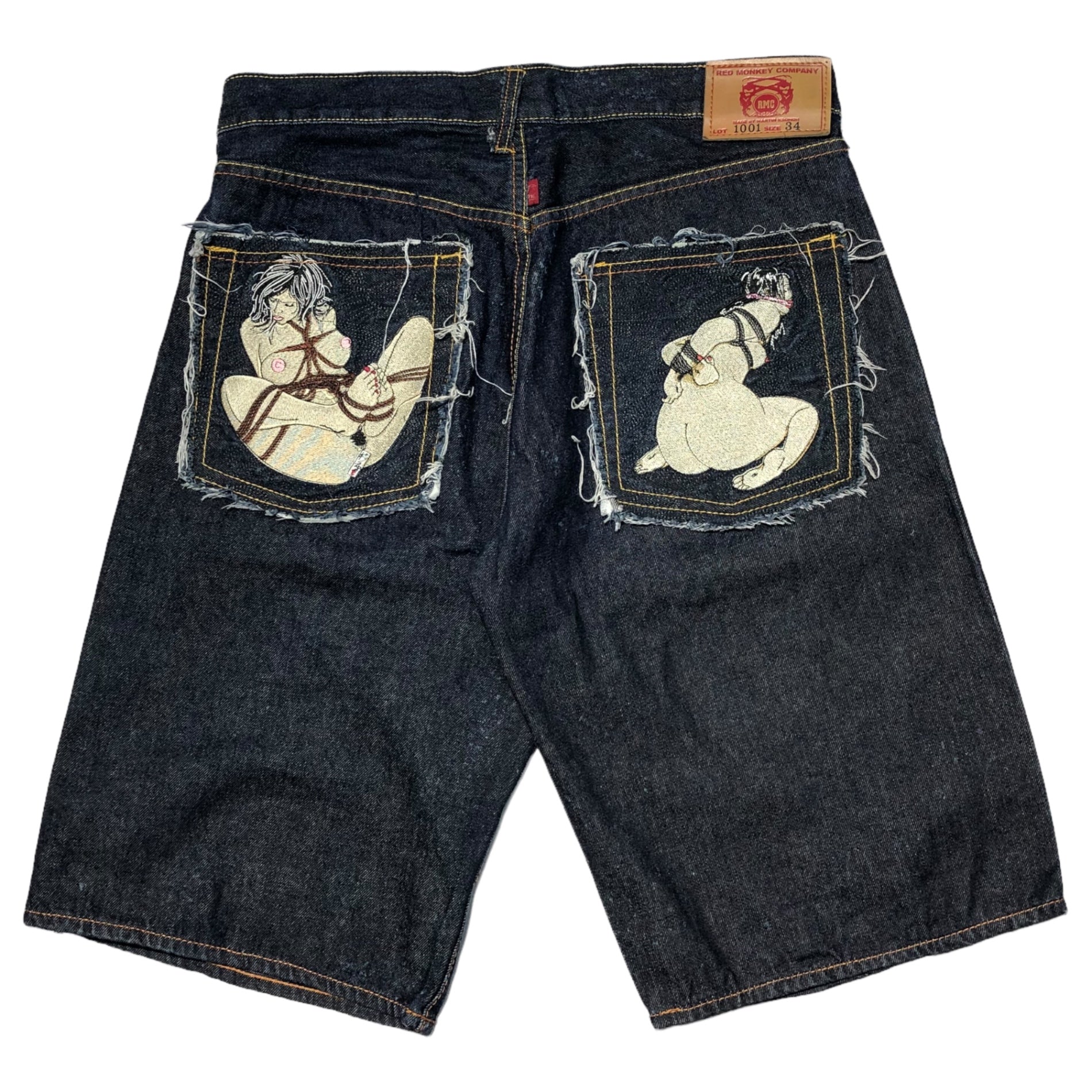RED MONKEY COMPANY(レッドモンキーカンパニー) "Shunga" wide half denim pants 春画 ワイド ハーフ デニム パンツ LOT 1001 34 インディゴ 日本 和 刺繍