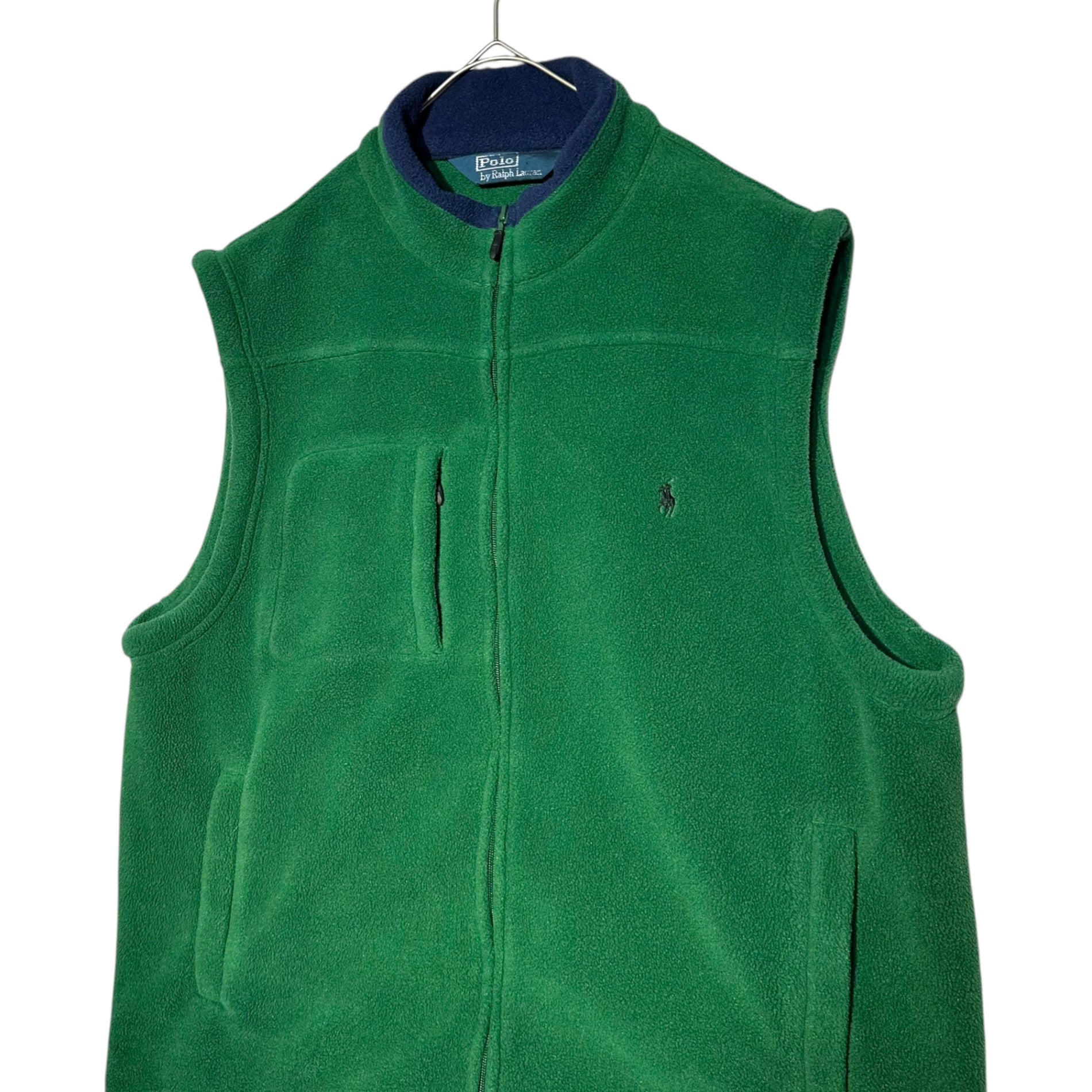 POLO RALPH LAUREN(ポロラルフローレン) 90's zip up fleece vest ジップアップ フリース ベスト XL グリーン×ネイビー ヴィンテージ 古着