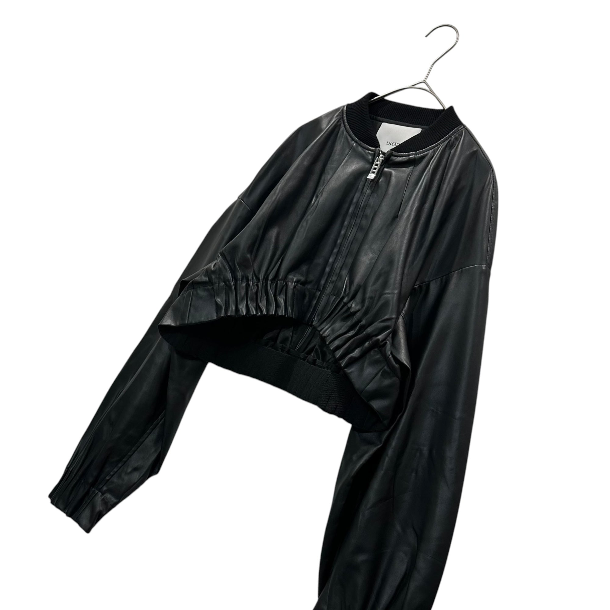 UN3D.(アンスリード) Pleated Gathered Short Blouson タック ギャザー ショート ブルゾン 522340102201-01 38 ブラック エコレザー ジャケット