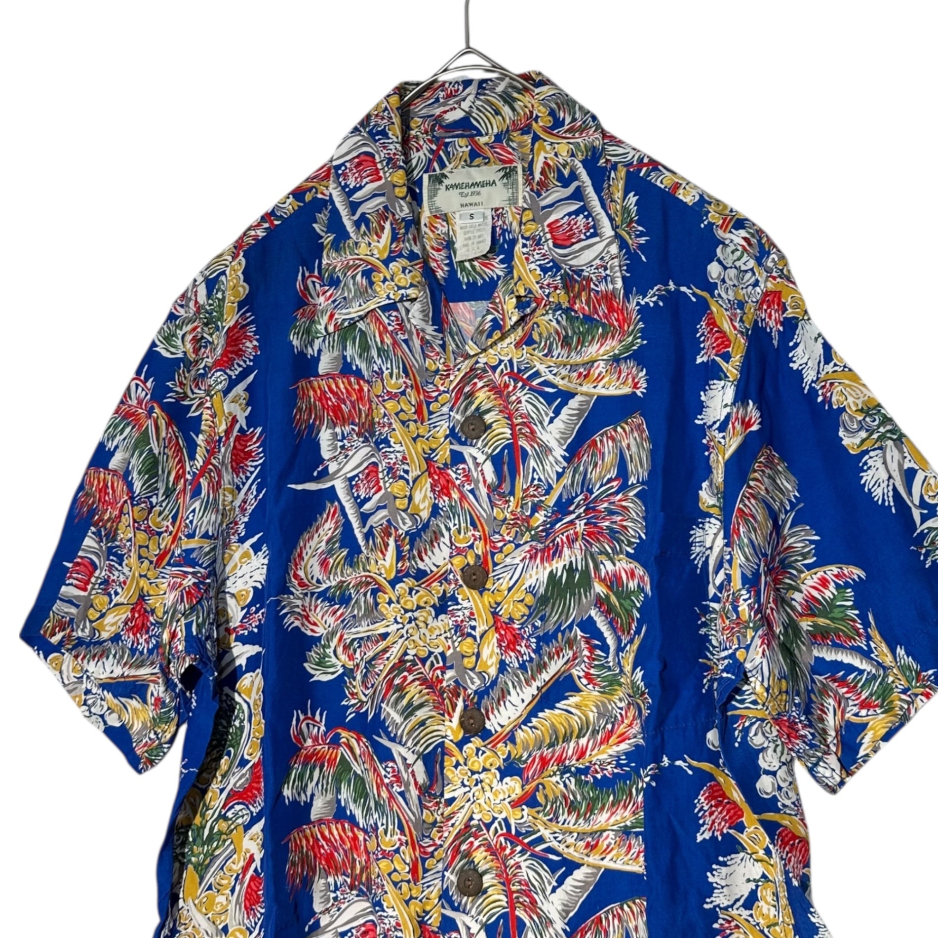 KAMEHAMEHA(カメハメハ) 90's USA made Aloha Shirt ヴィンテージ レーヨン アロハ シャツ S ブルー 90年代 オープンカラー ハワイアン