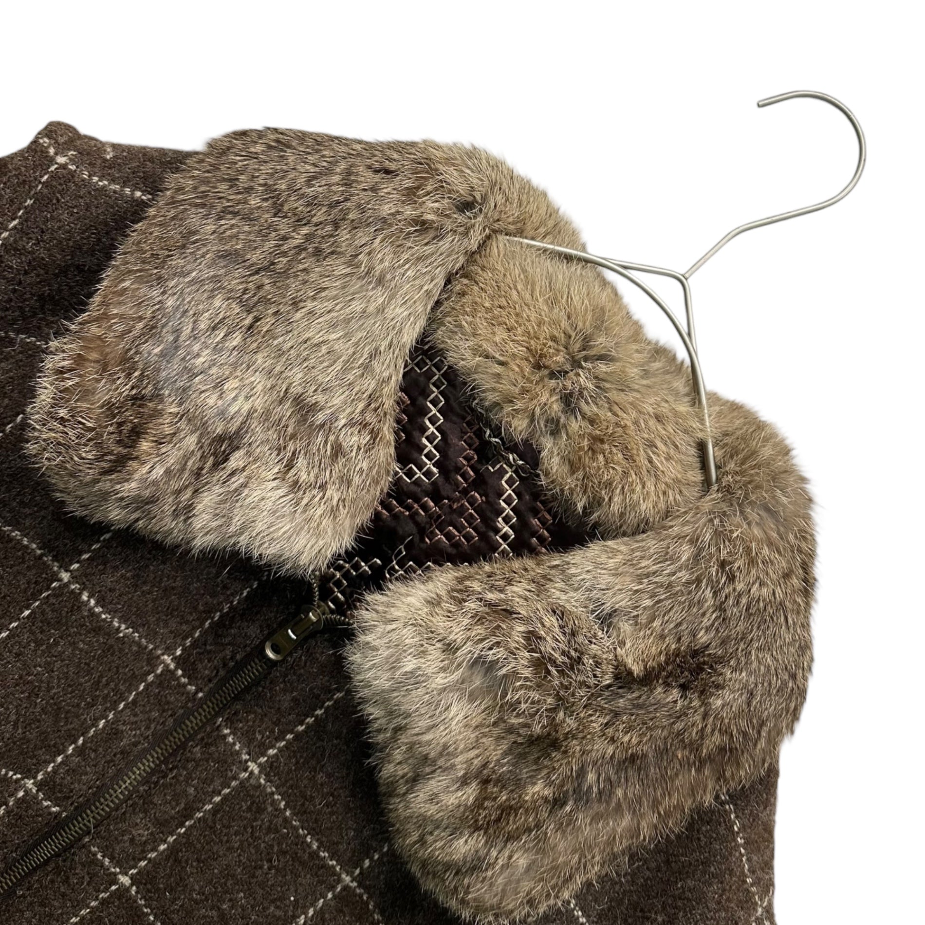 NUMBER (N)INE(ナンバーナイン) 02AW George Period Rabbit Fur Trim Wool Check Short Length Jacket ラビットファー 装飾 ウール チェック ショートレングス ジャケット ボンバー 3(M) ブラウン 2002 archives collection 稀少品 宮下貴裕 本人期 ジャコブウール