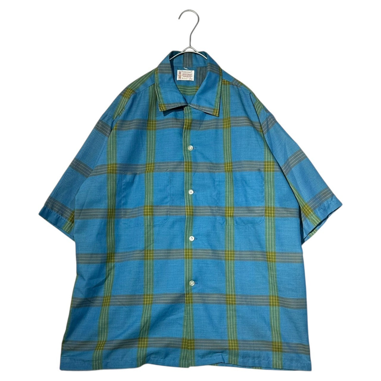 TOWNCRAFT(タウンクラフト) 60's~70's Vintage Open Collar Check Shirt ヴィンテージ オープンカラー チェック シャツ L ブルー×イエロー 60年代~70年代 JC Penneys
