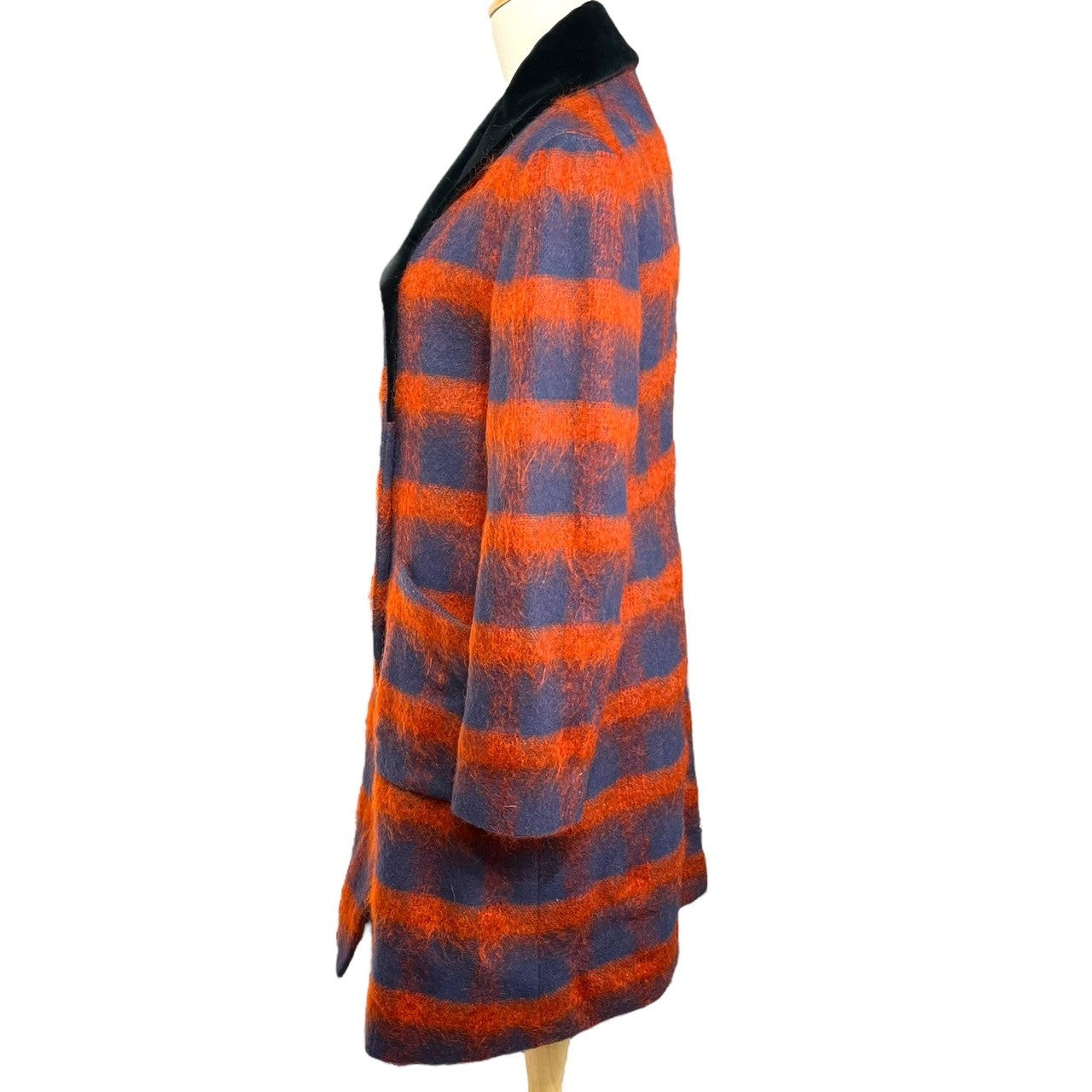 Vivienne Westwood RED LABEL(ヴィヴィアンウエストウッドレッドレーベル) 00's Velor collar shaggy wool orb button check coat 襟 ベロア シャギー ウール オーブボタン チェック コート モヘア調 357-01-67513 3(L) レッド×ネイビー オリゾンティタグ