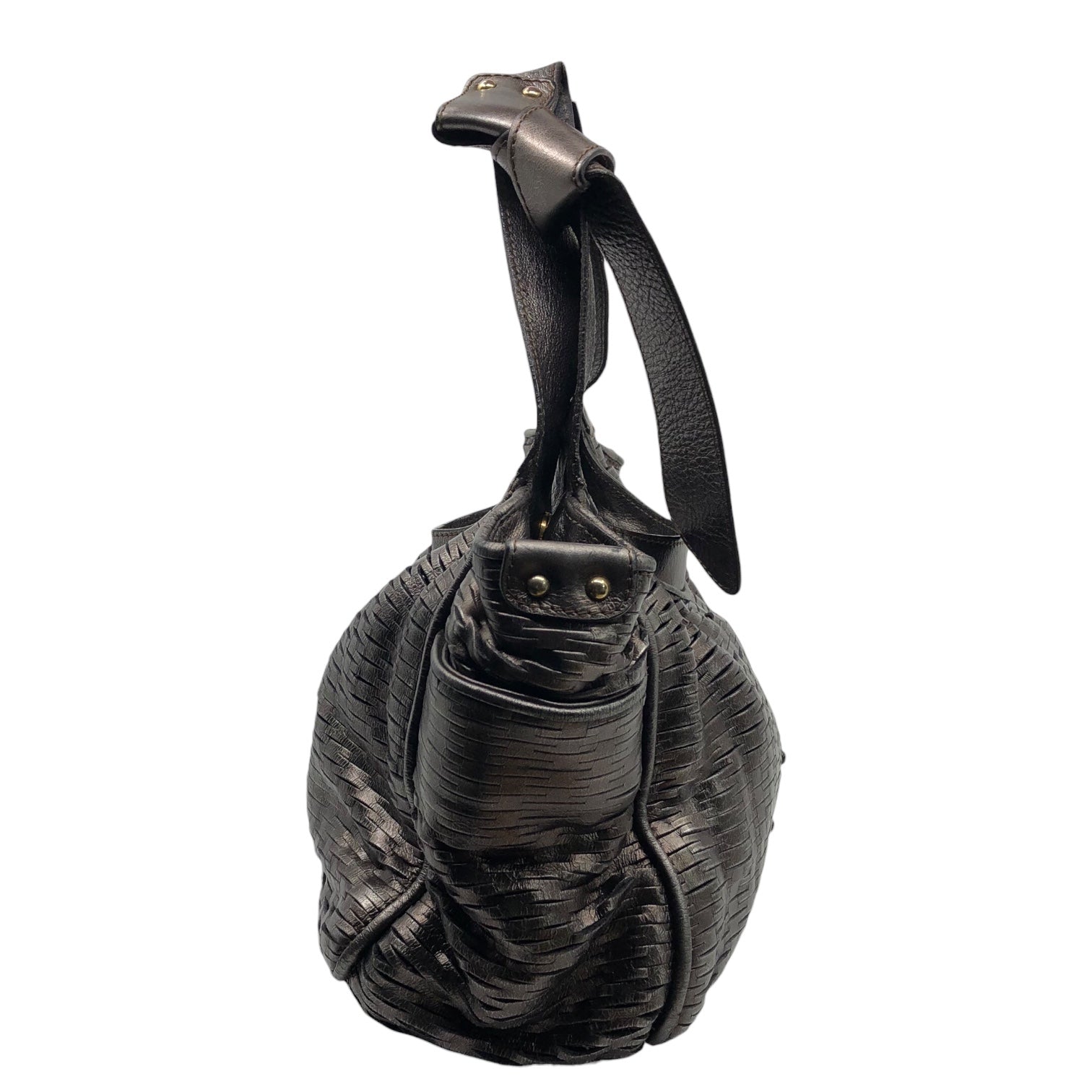 JIMMY CHOO(ジミーチュウ) perforated leather handbag パンチング レザー ハンドバッグ ブラウンゴールド リボン メッシュ ロゴ プレート ワンショルダー 肩掛け