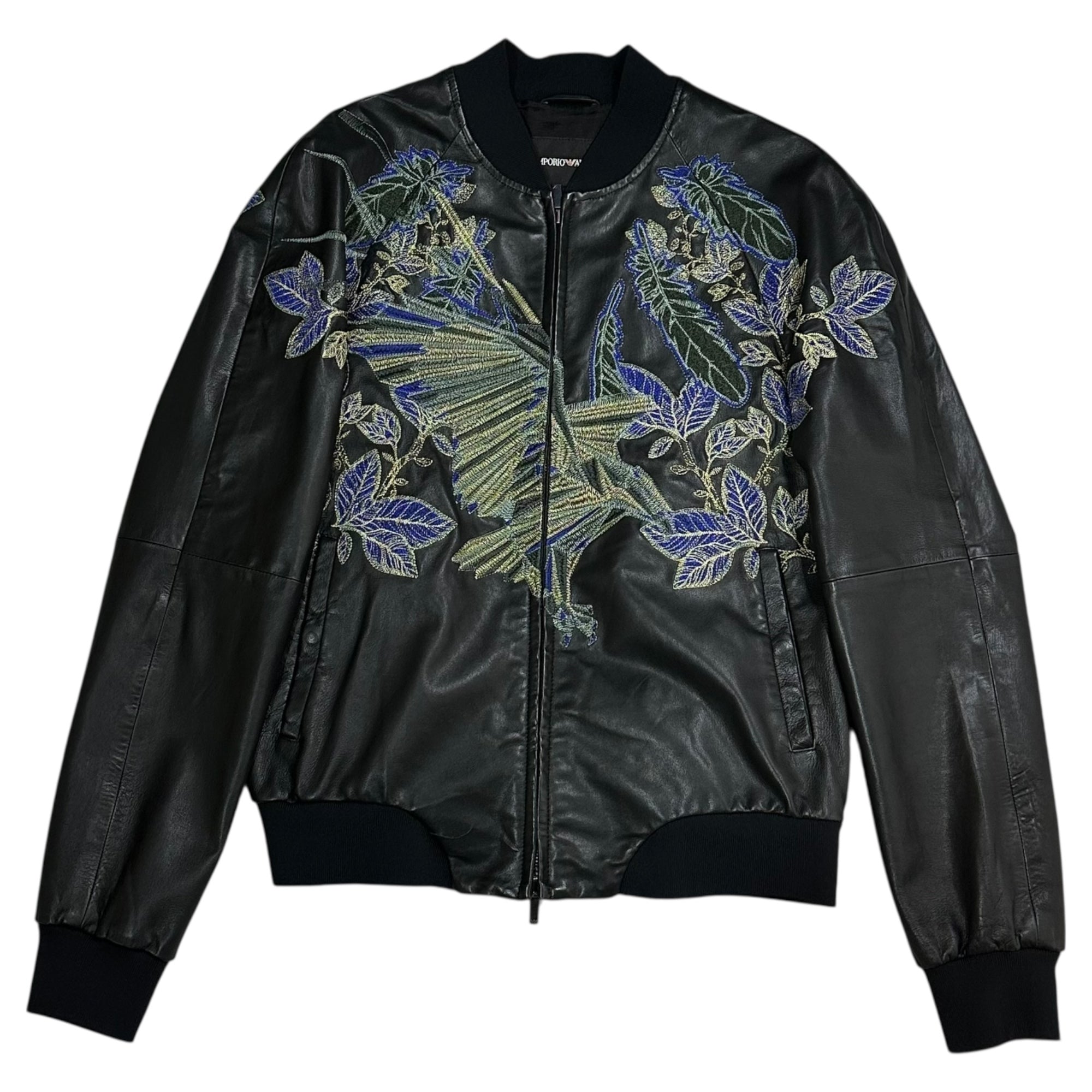 EMPORIO ARMANI(エンポリオアルマーニ) 17SS Plant Embroidery Leather Bomber Blouson 植物 刺繍 レザー ボンバー ブルゾン V1R13P V1P16 48(M程度) ブラック×ブルー 2017年 ミラノコレクション