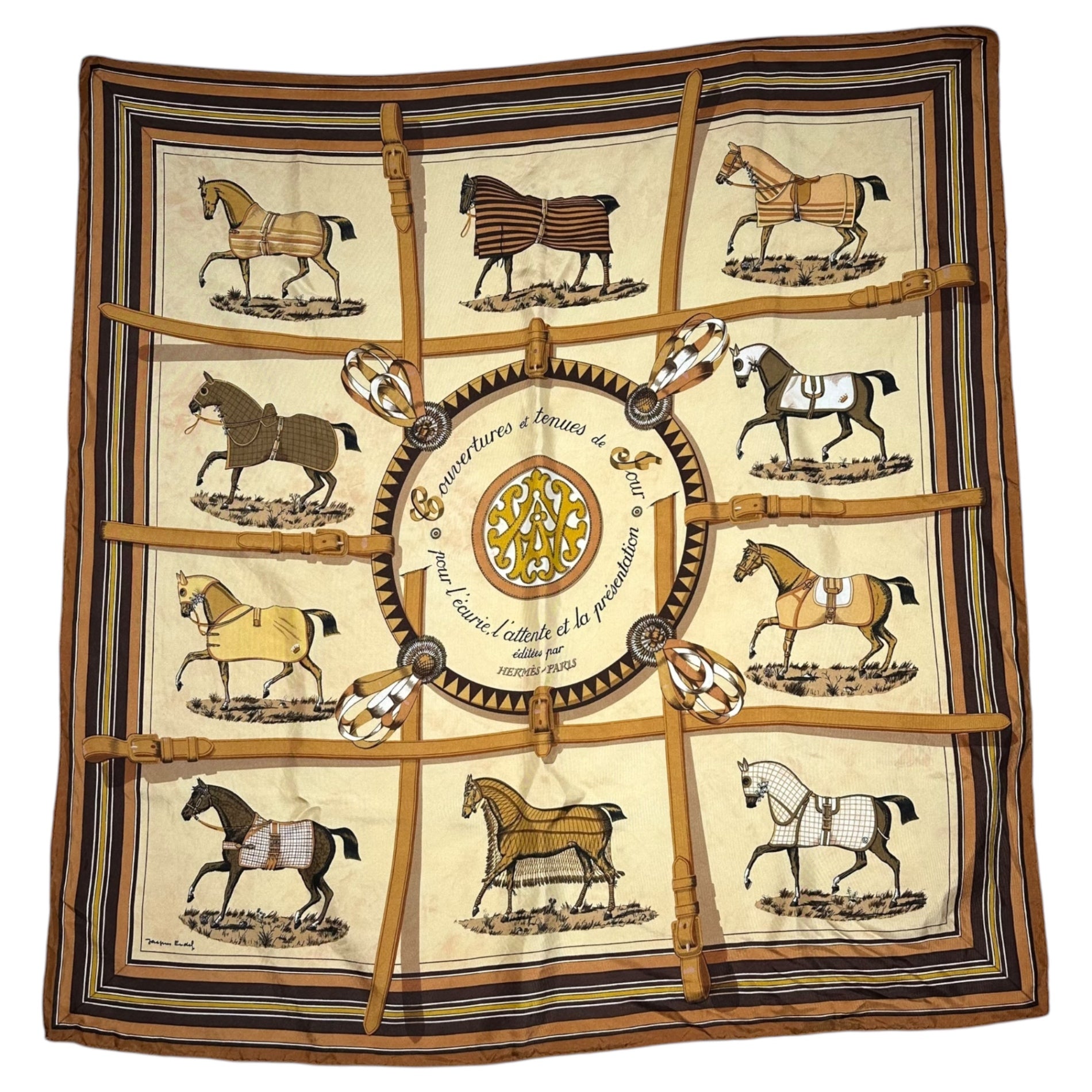 HERMES(エルメス) Carres 90 "Couvertures et tenues de jour" カレ 90 ベージュ シルク スカーフ 馬